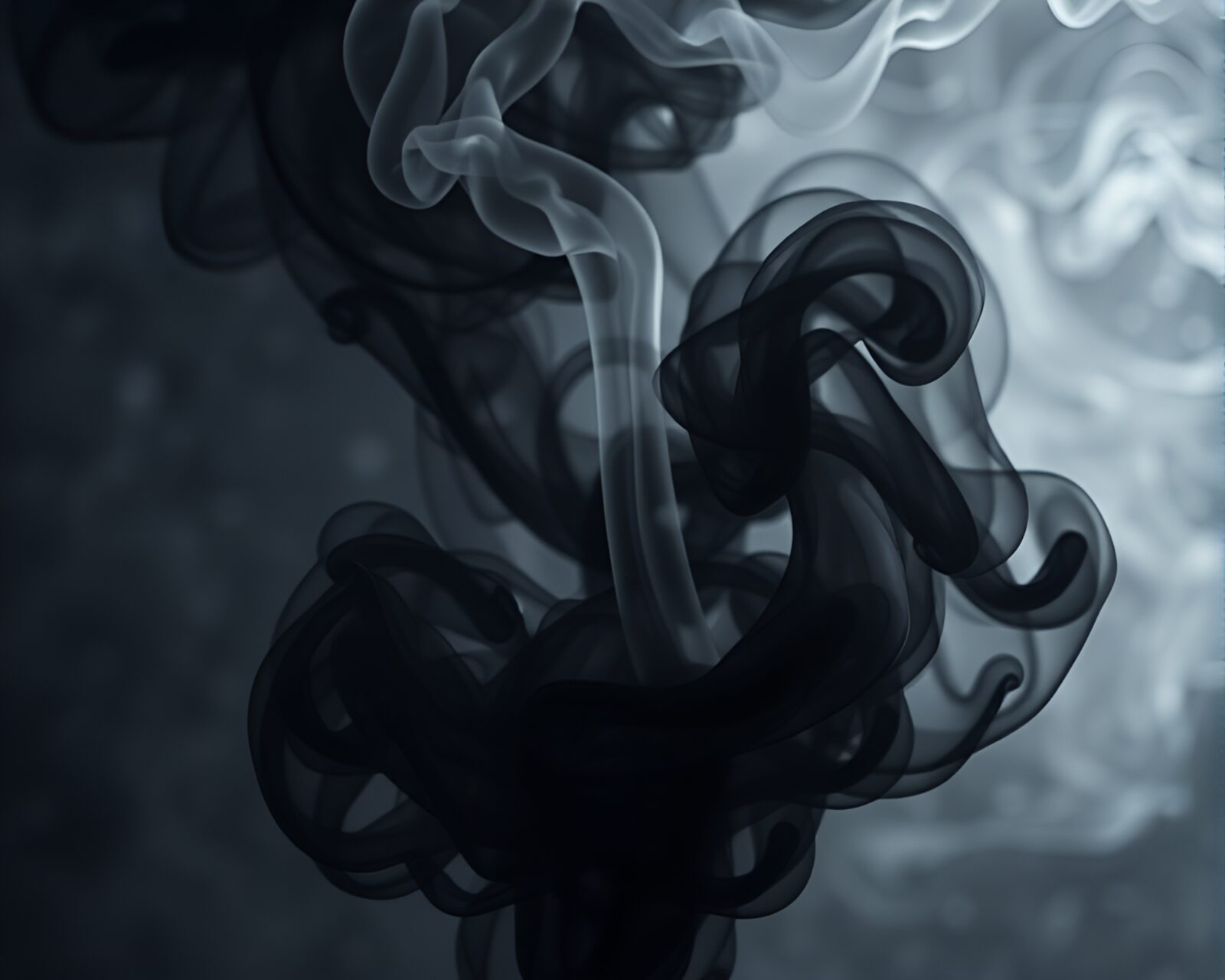 Mysterious banshee with ambient occlusion lighting surrounded by swirling smoke rings in detailed study