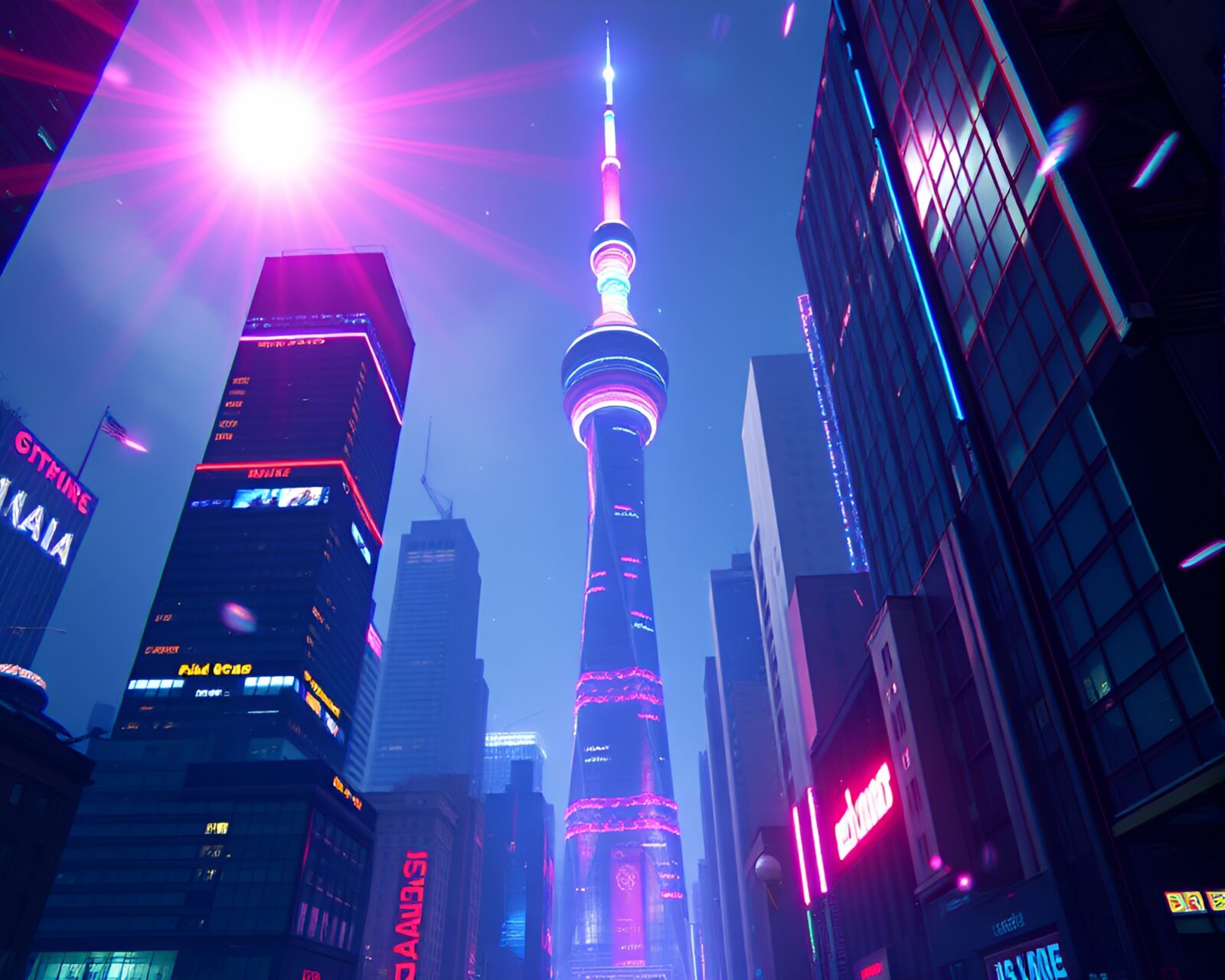 Ethereal tower glowing under purple haze in distorted lens