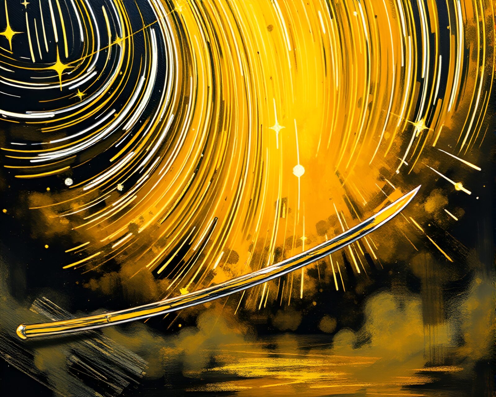 Impressionist painting of samurai sword under mustard star trails