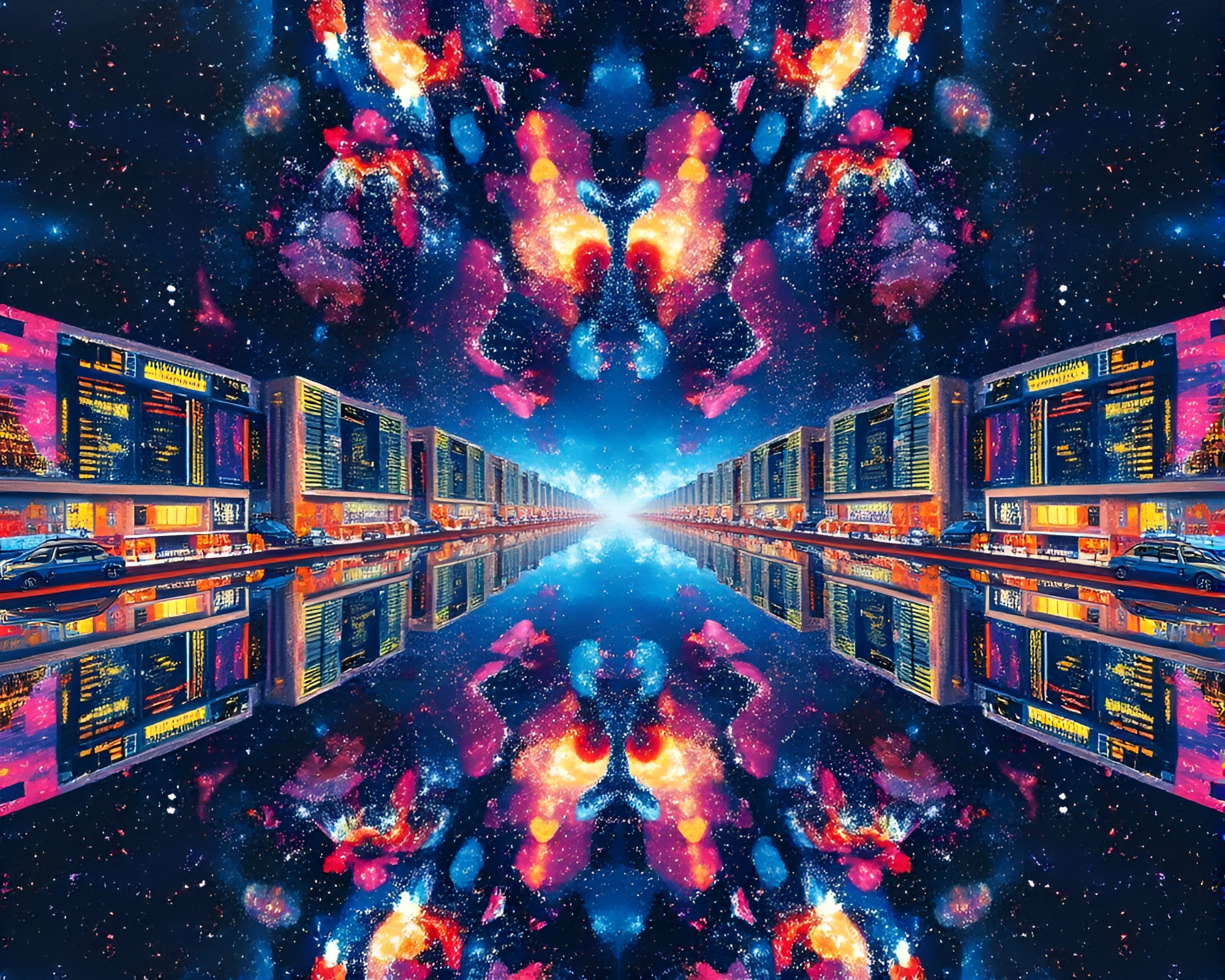 Virtual Cosmic Cityscape Mirrored in Gouache – free AI stock image