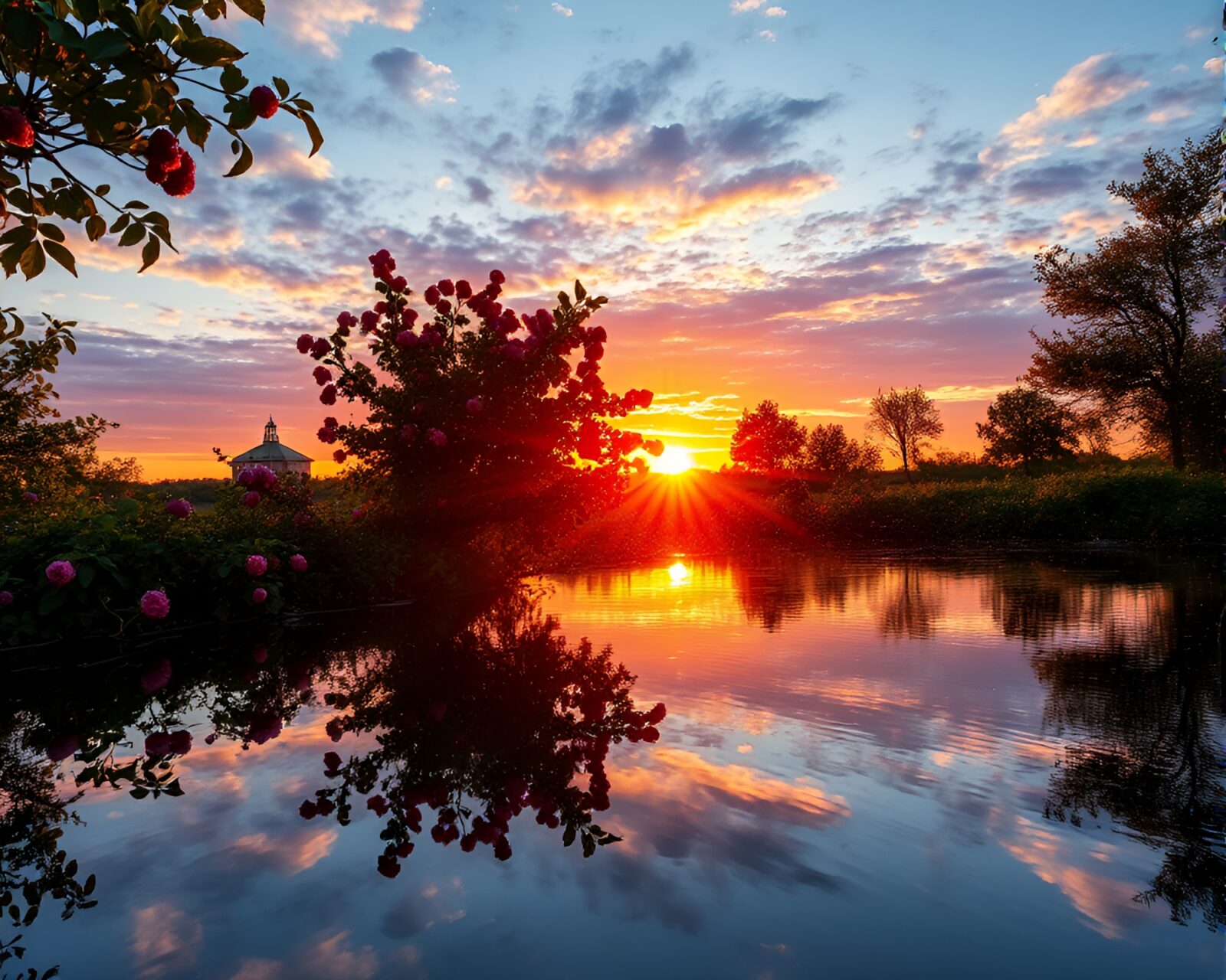 Vibrant raspberry bush reflecting in water during golden hour
