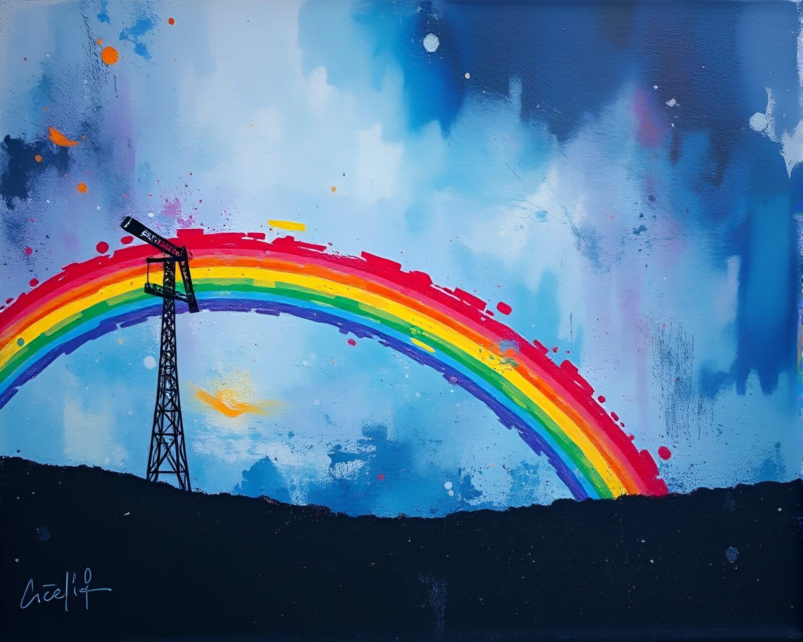 Vibrant rainbow-hued satellite graffiti on city walls