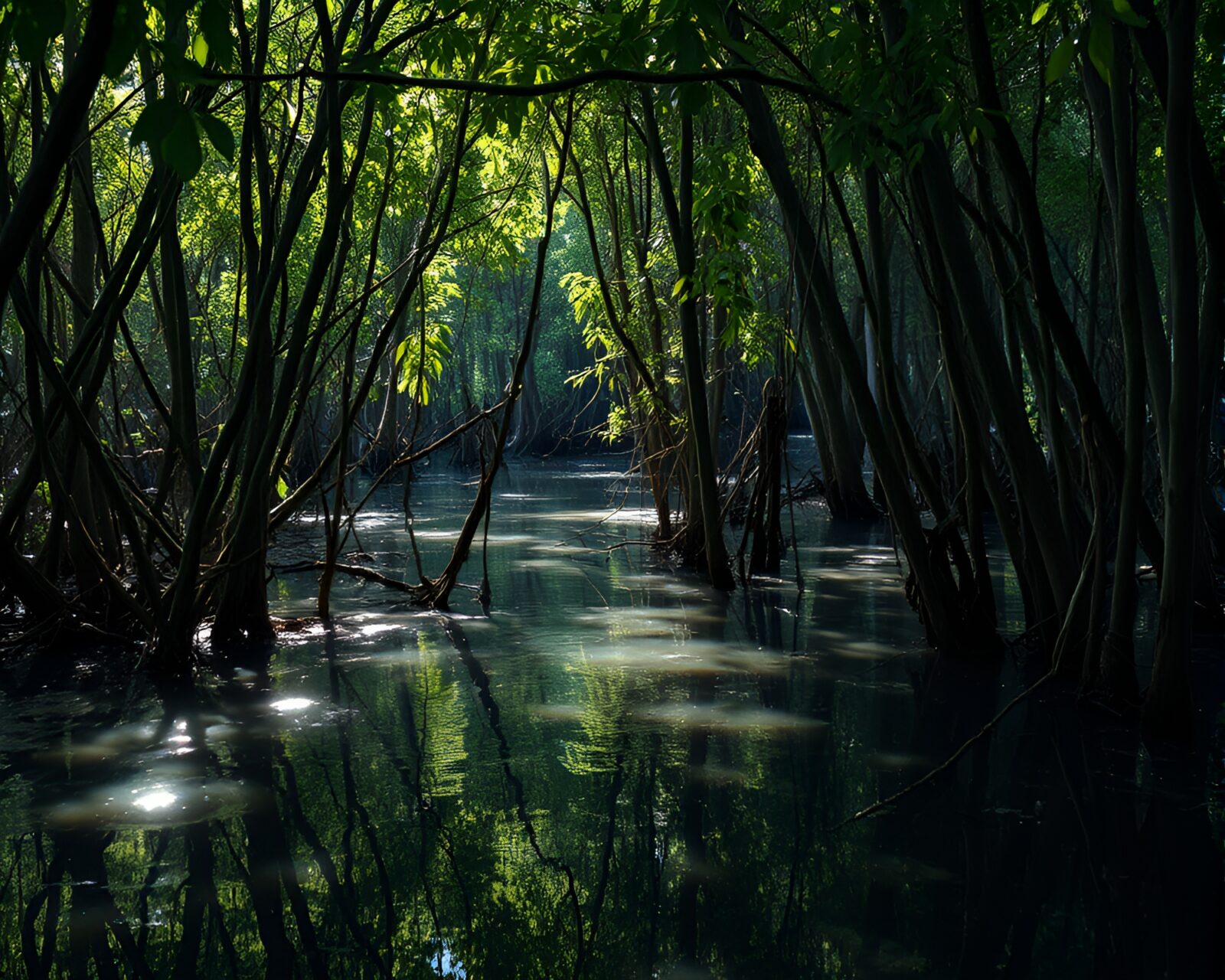 Vibrant mangrove swamp with interplay of silver leaf light