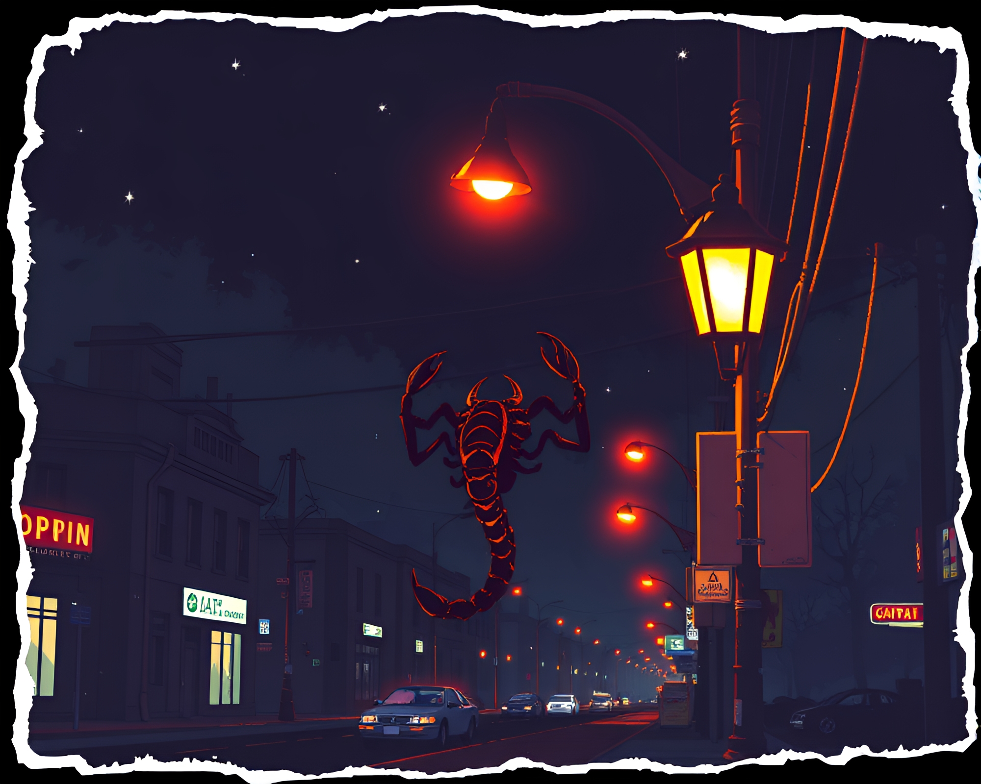 Scorpion Alley 8-bit Streetlamp Glow Composition – free AI stock image