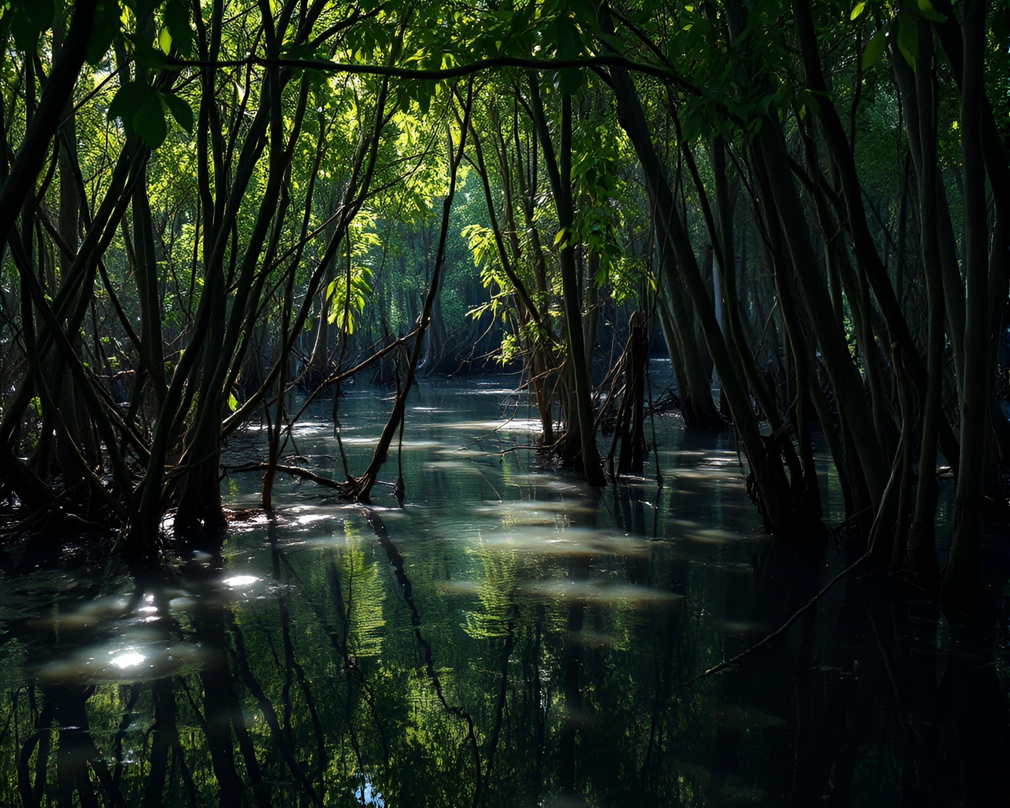 Mangrove Swamp With Silver Leaf Light Accents – free AI stock image