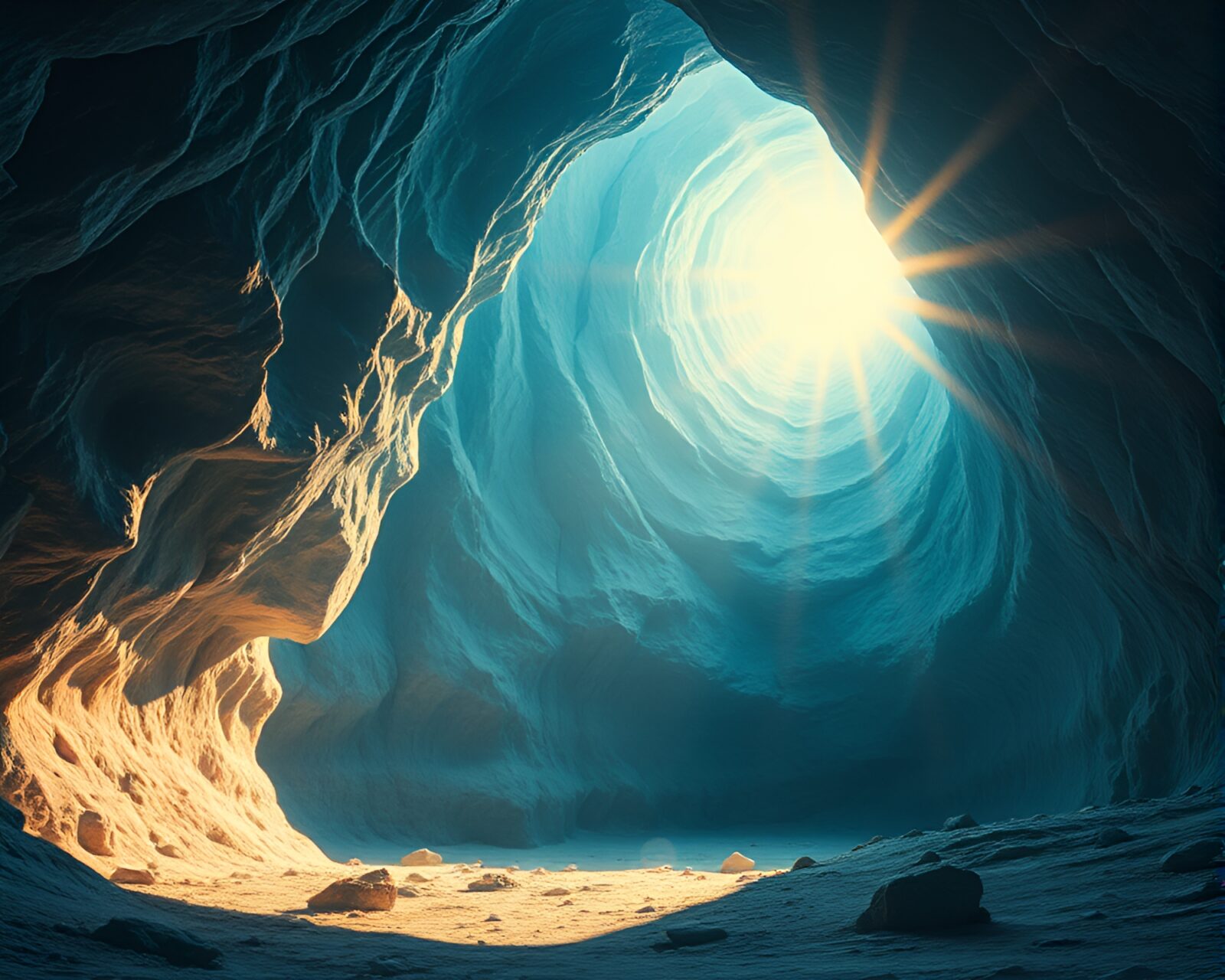 Minimalist composition of a glowing glacial cave in surreal style