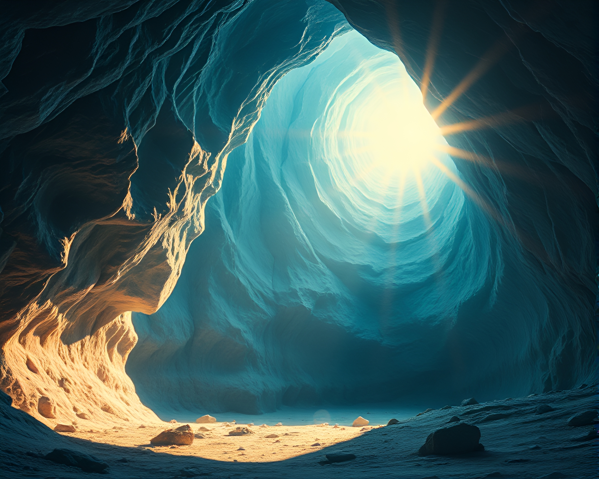 Surreal Glacial Cave Illuminated by Solar Flare Glow – free AI stock image