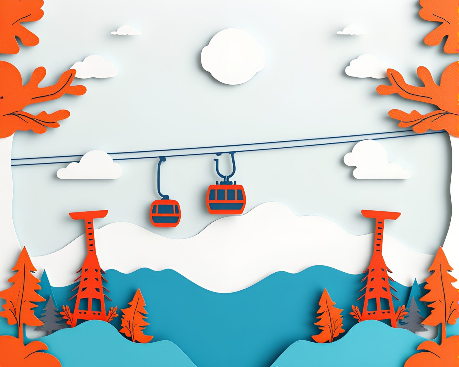Symmetrical paper-cut style image of colorful gondola lift