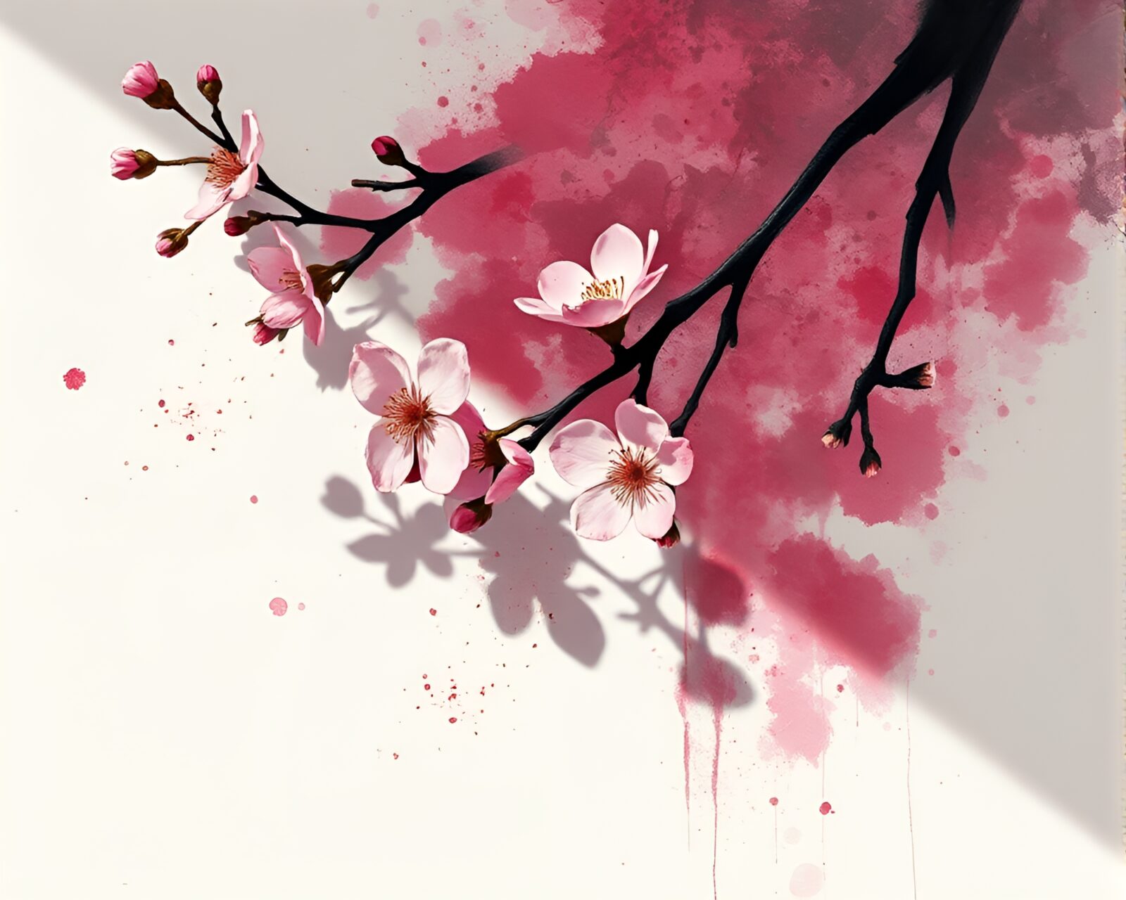 Digital art of cherry blossoms in cybernetic style with ink splashes