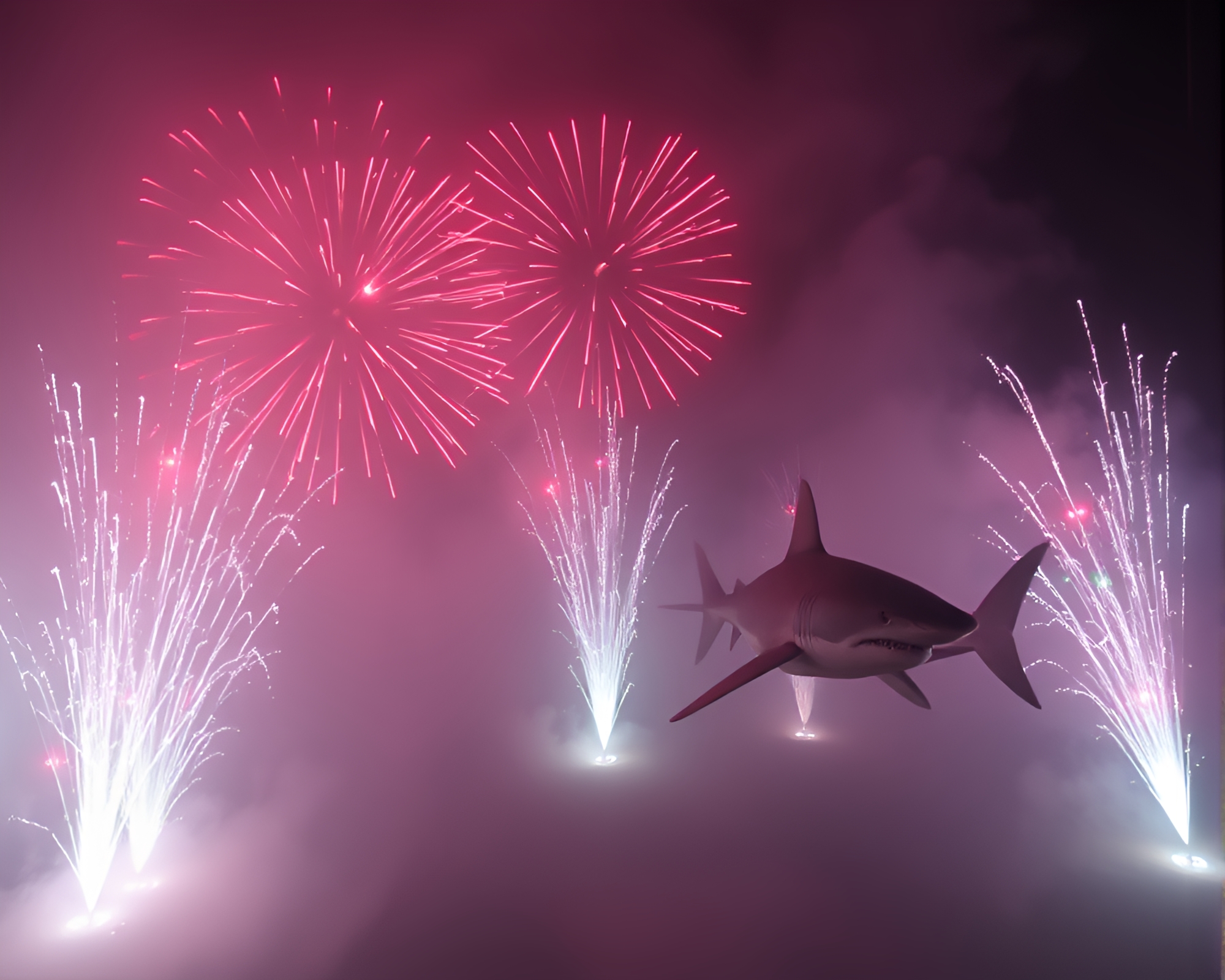 Majestic Shark Swimming in Festival Fireworks Glow – free AI stock image