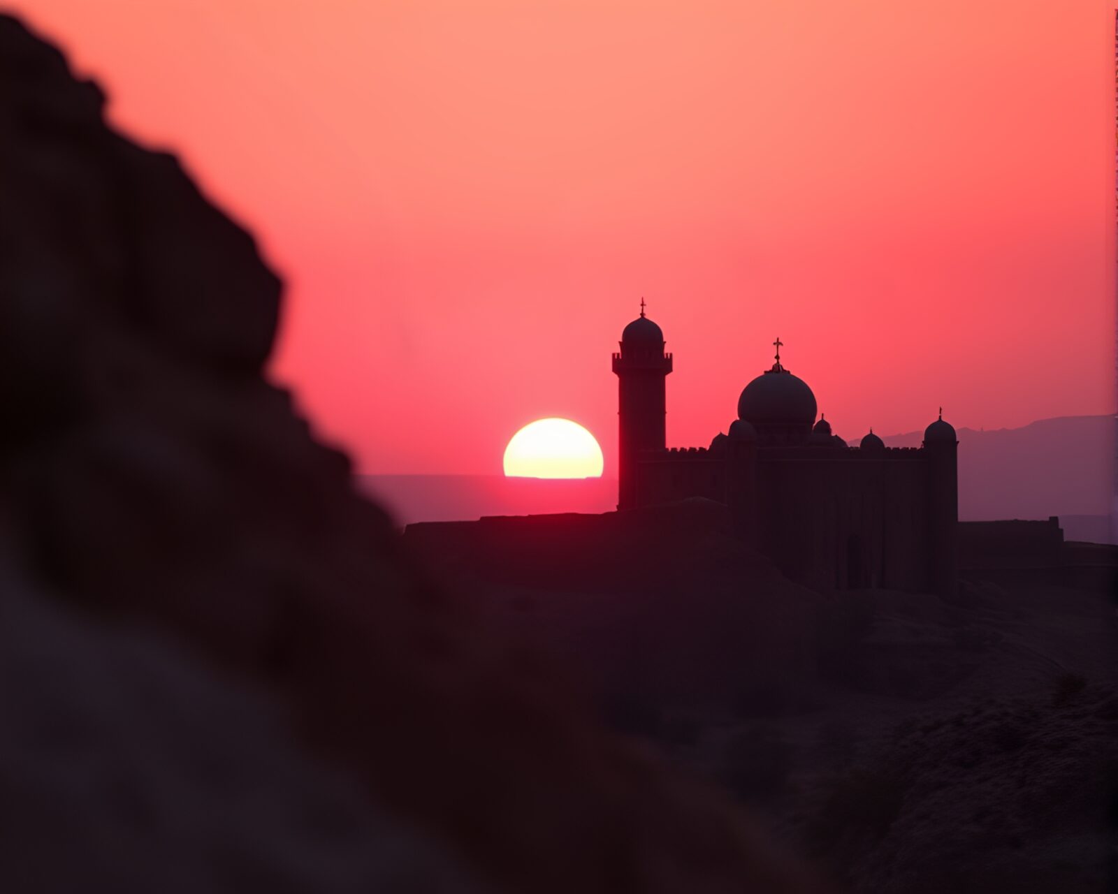 Vibrant pink sunrise gleaming on ancient castle ruins