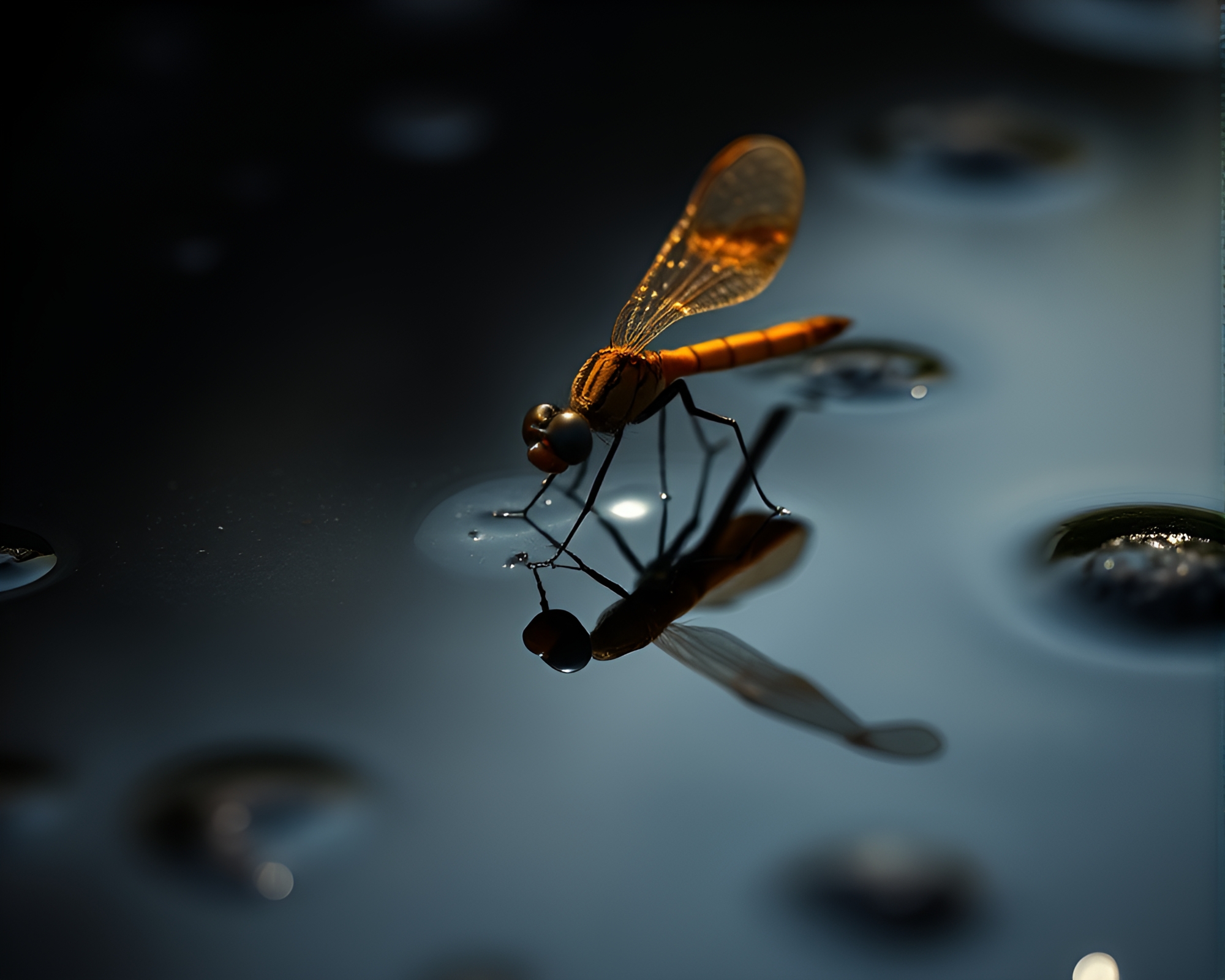 Dragonfly Reflection in Vivid Puddle Chiaroscuro – free AI stock image
