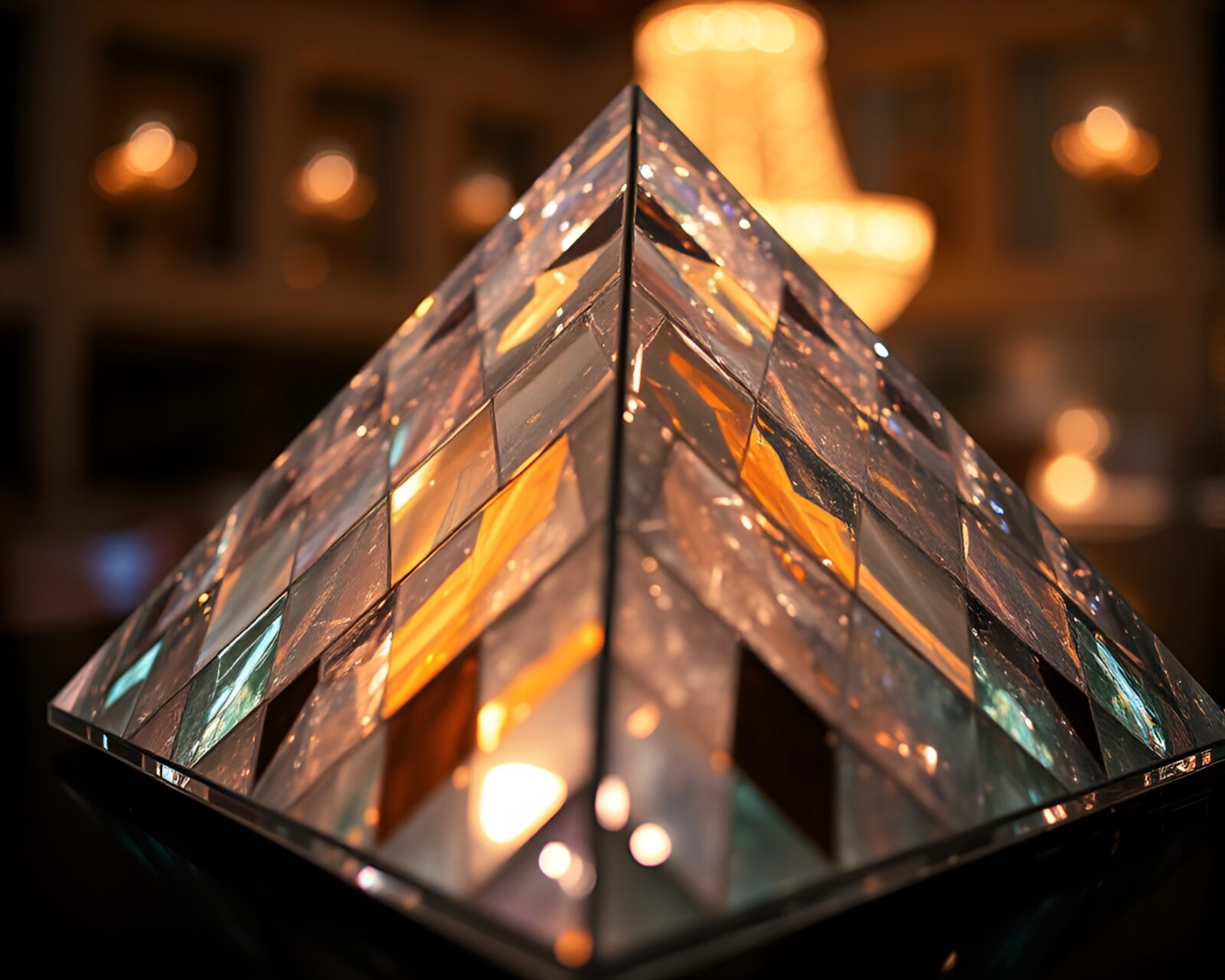 Vibrant cubist style depiction of a glass pyramid with mosaic lighting