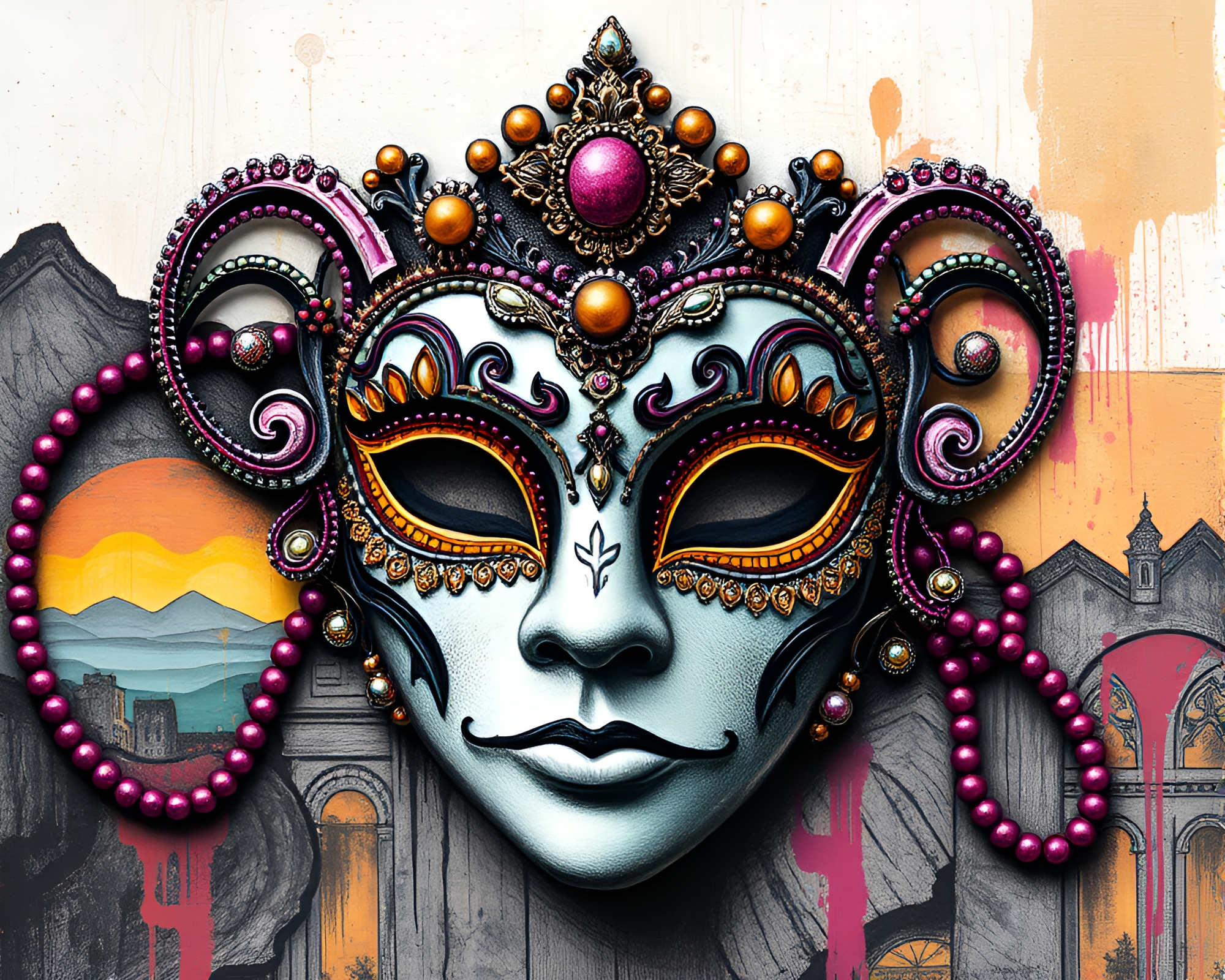 Graffiti Venetian Mask Beadwork Landscape Etching Art – free AI stock image