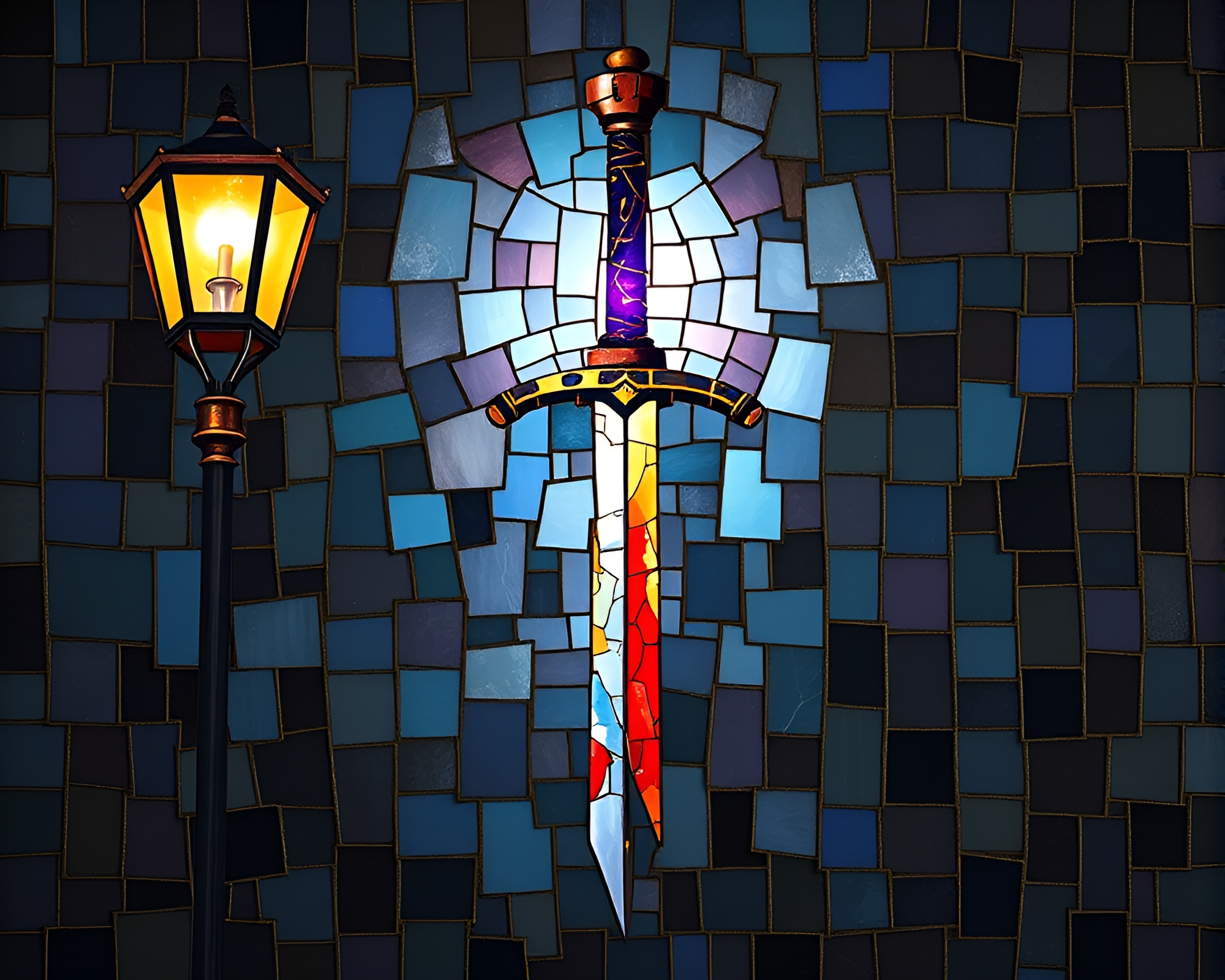 Cubist Sword Mosaic under Streetlamp Glow – free AI stock image