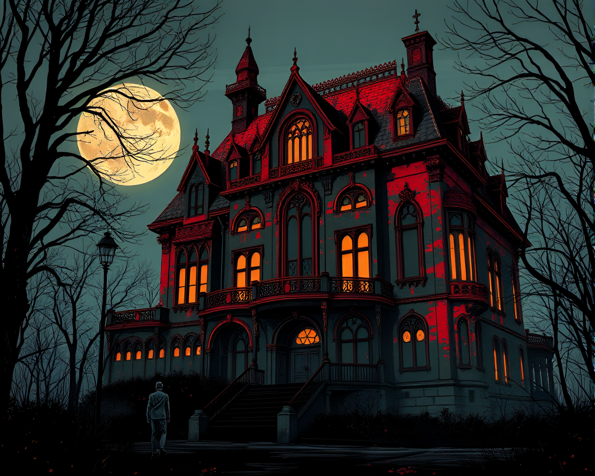 Neo-Gothic Cyberpunk Mansion with Rust Patina and High-Contrast Noir Aesthetic – free AI stock image