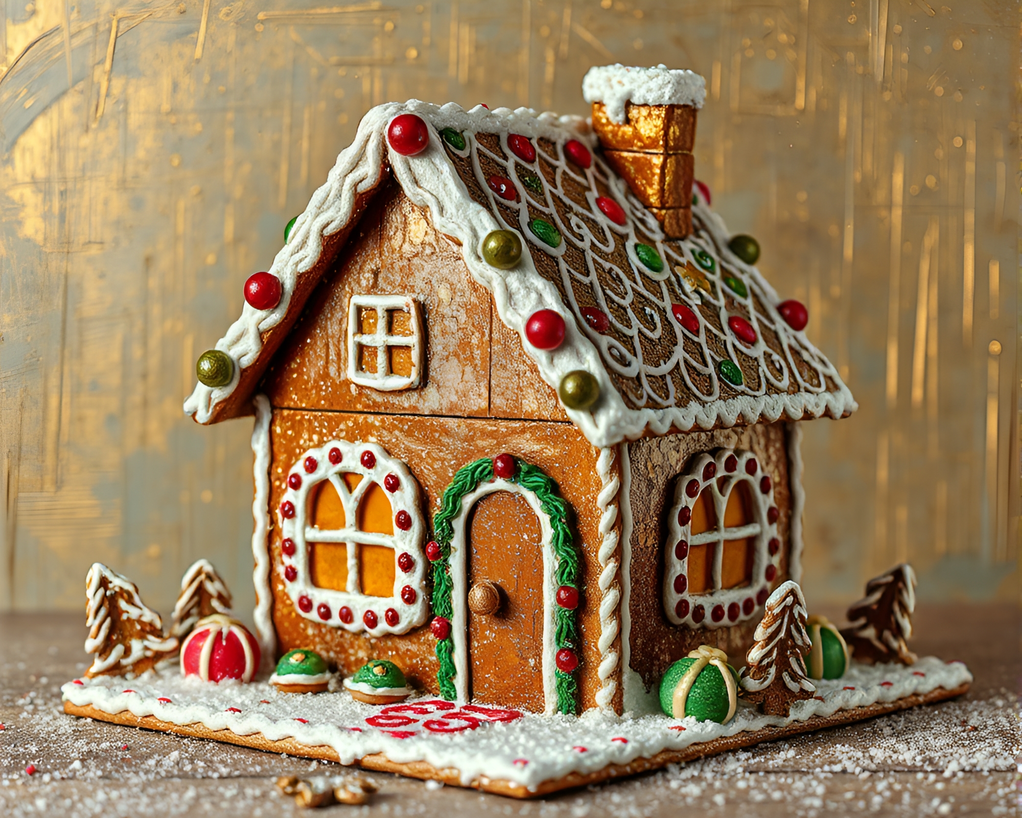 Gingerbread House Scraped with Metallic Hues Impasto Style – free AI stock image