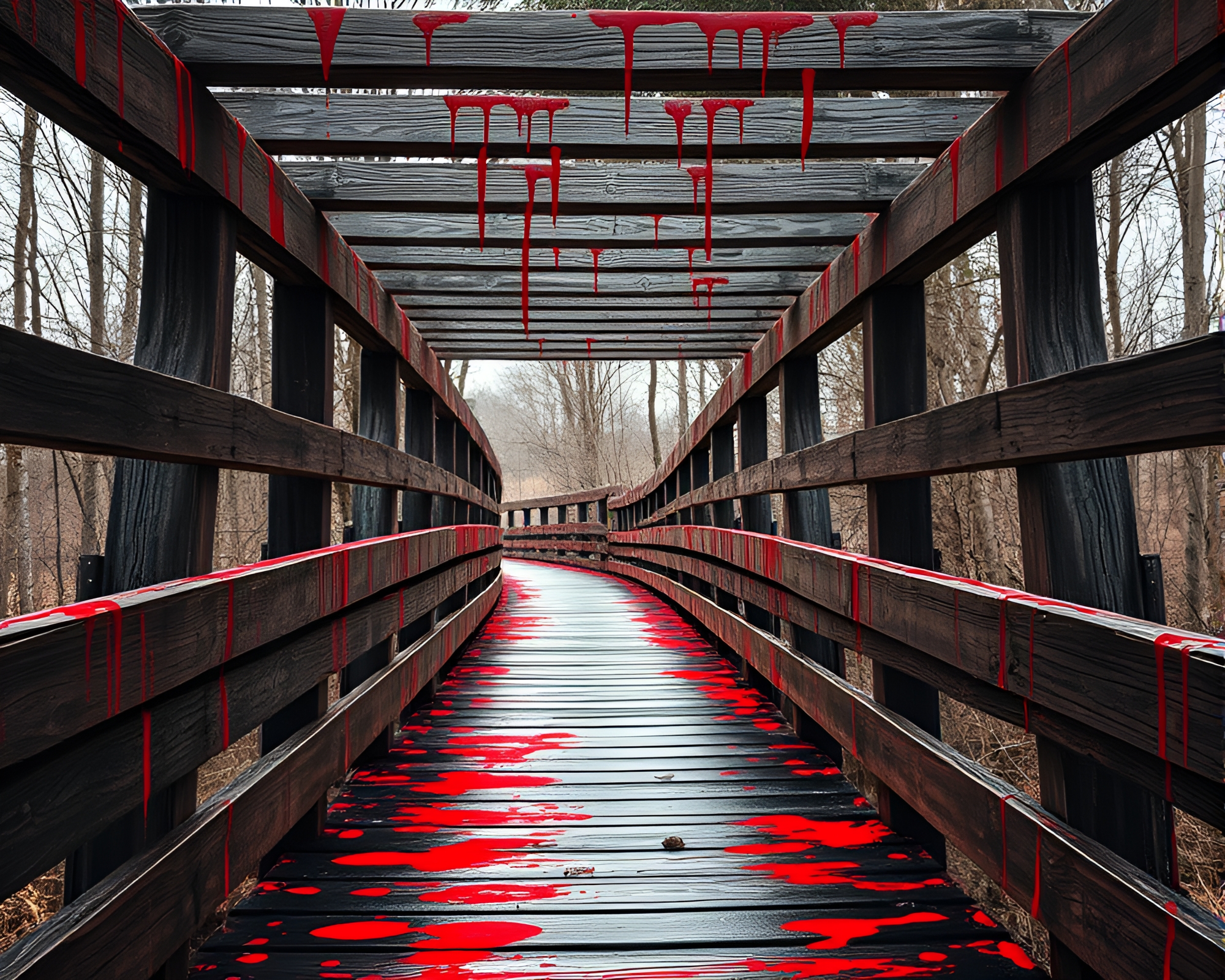 Spray Paint Drips Adorn Wooden Bridge in Brick Red – free AI stock image