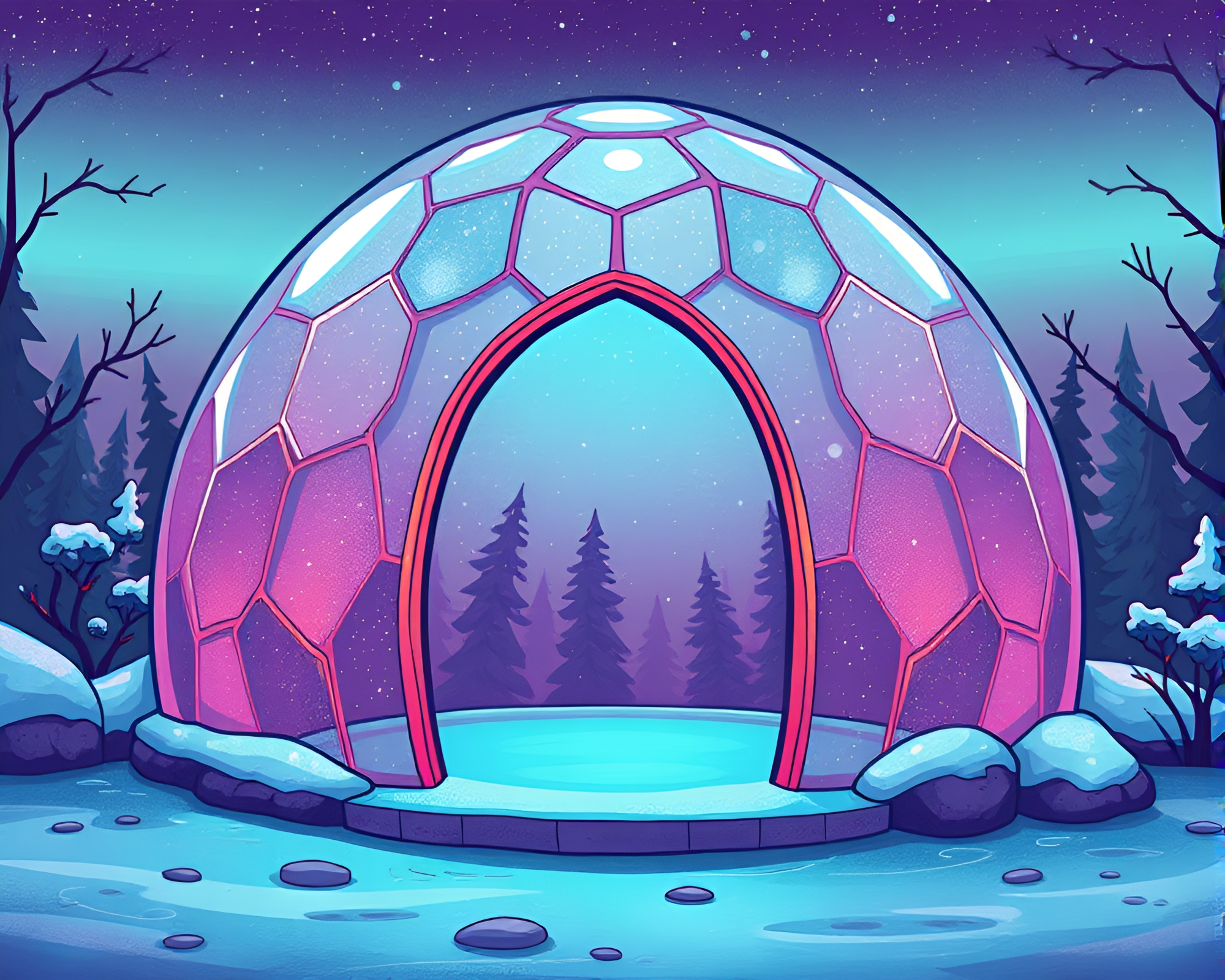 Twilight Glass Igloo in Cartoon Style – free AI stock image