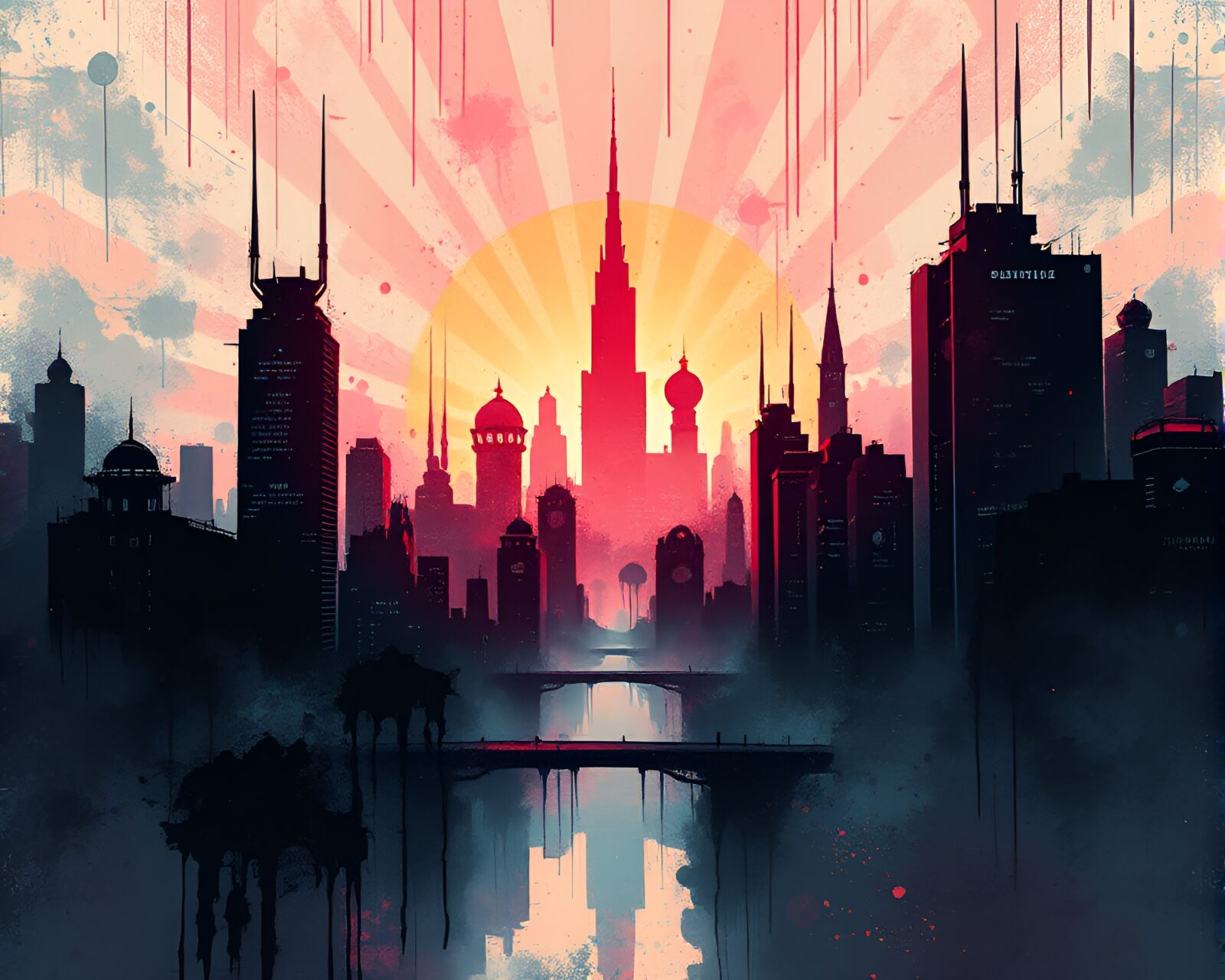 Ink wash drips create a pixelated, futuristic city skyline