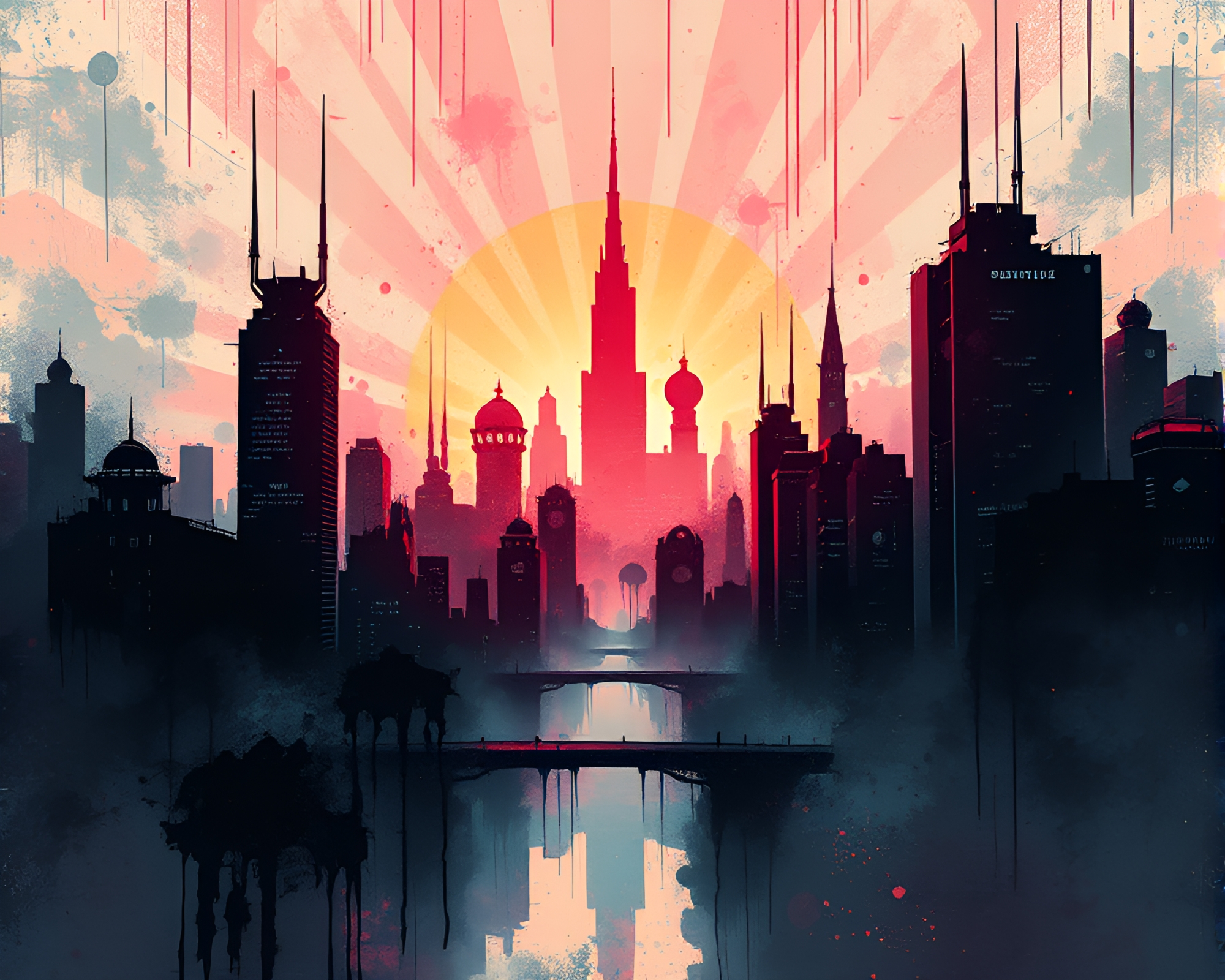 Futuristic Cityscape with God Rays in 8-bit Style – free AI stock image