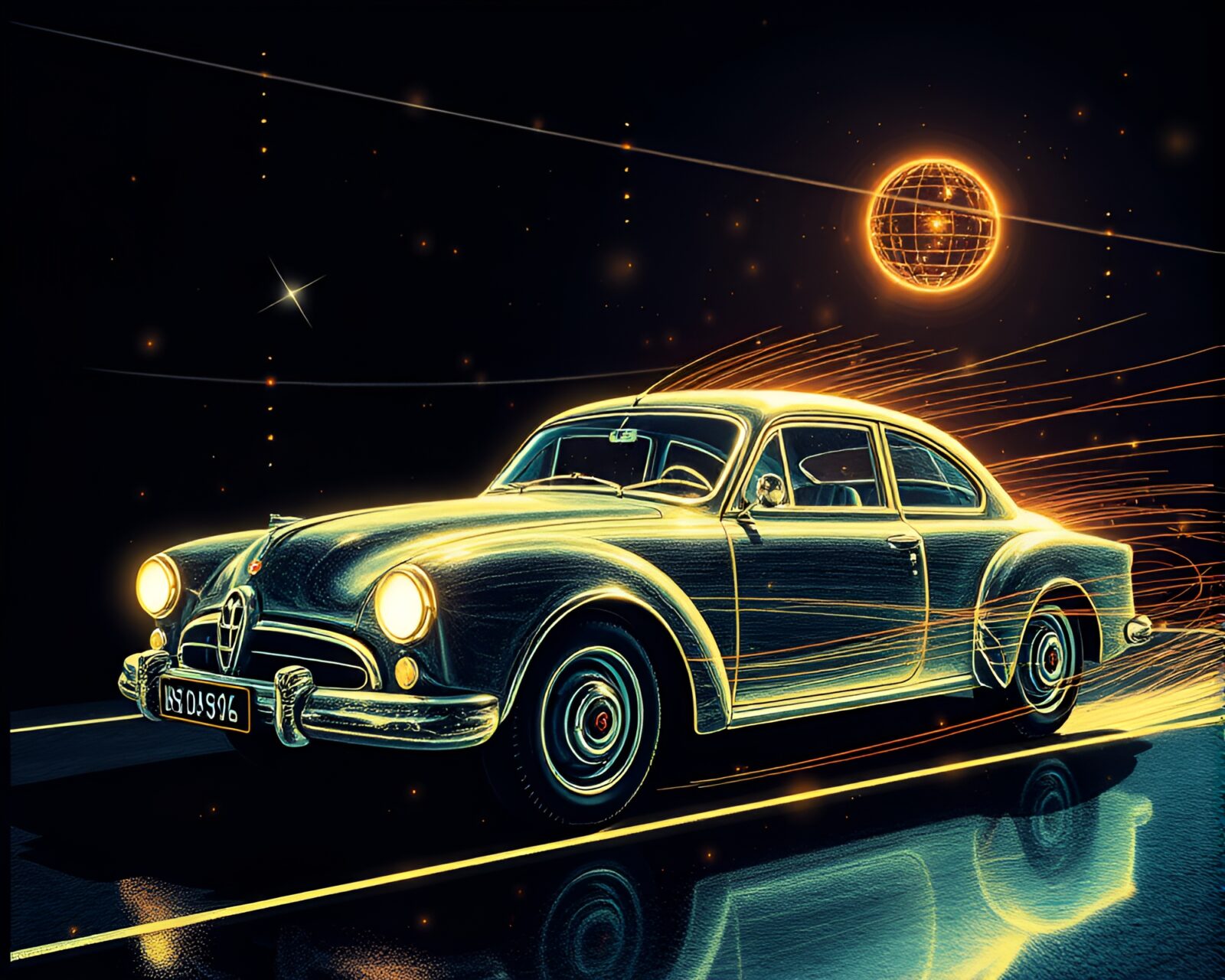 Glimmering hover car in a disco ball fantasy world