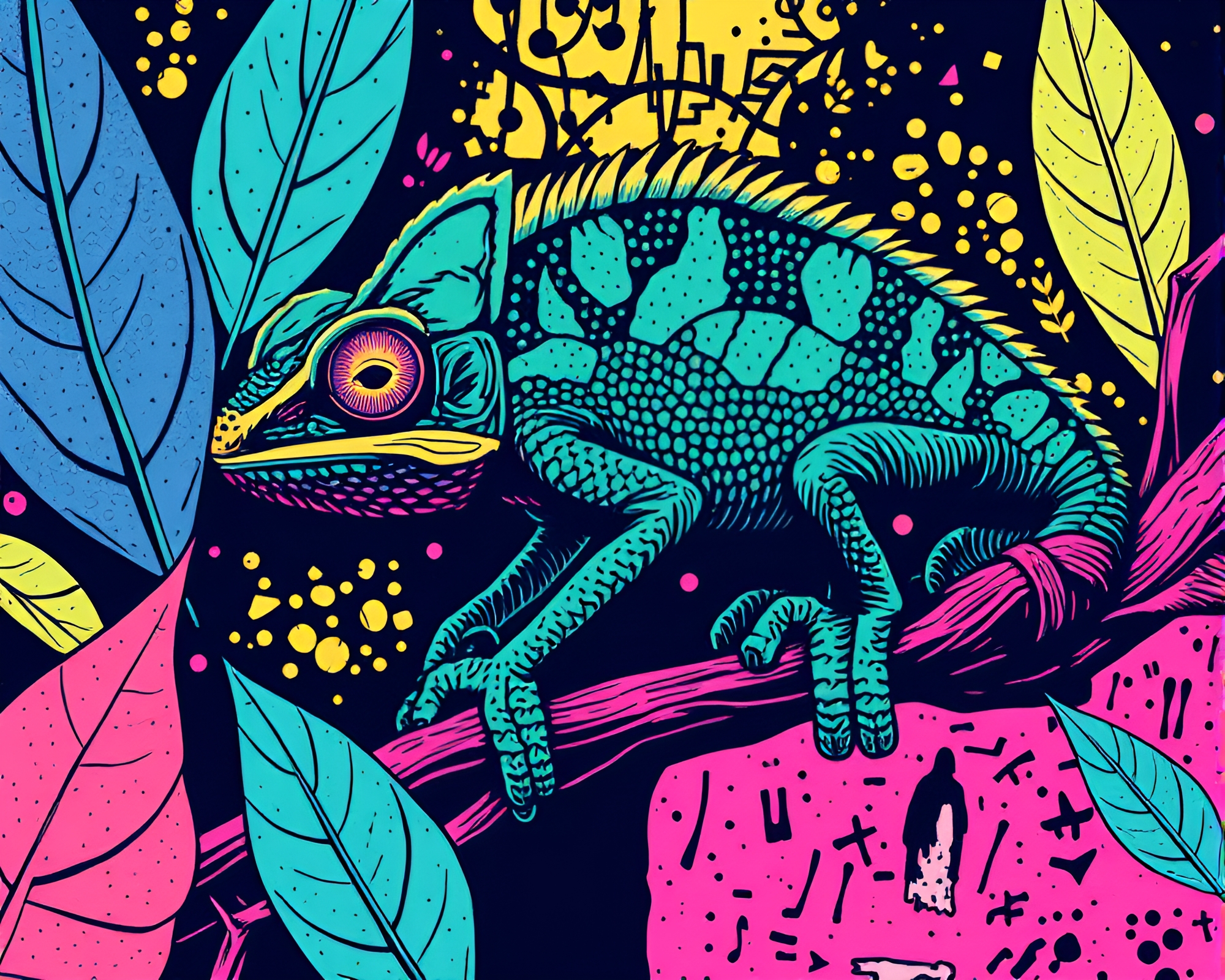 Maximalist Chameleon in Pastel Neon Linocut Composition – free AI stock image