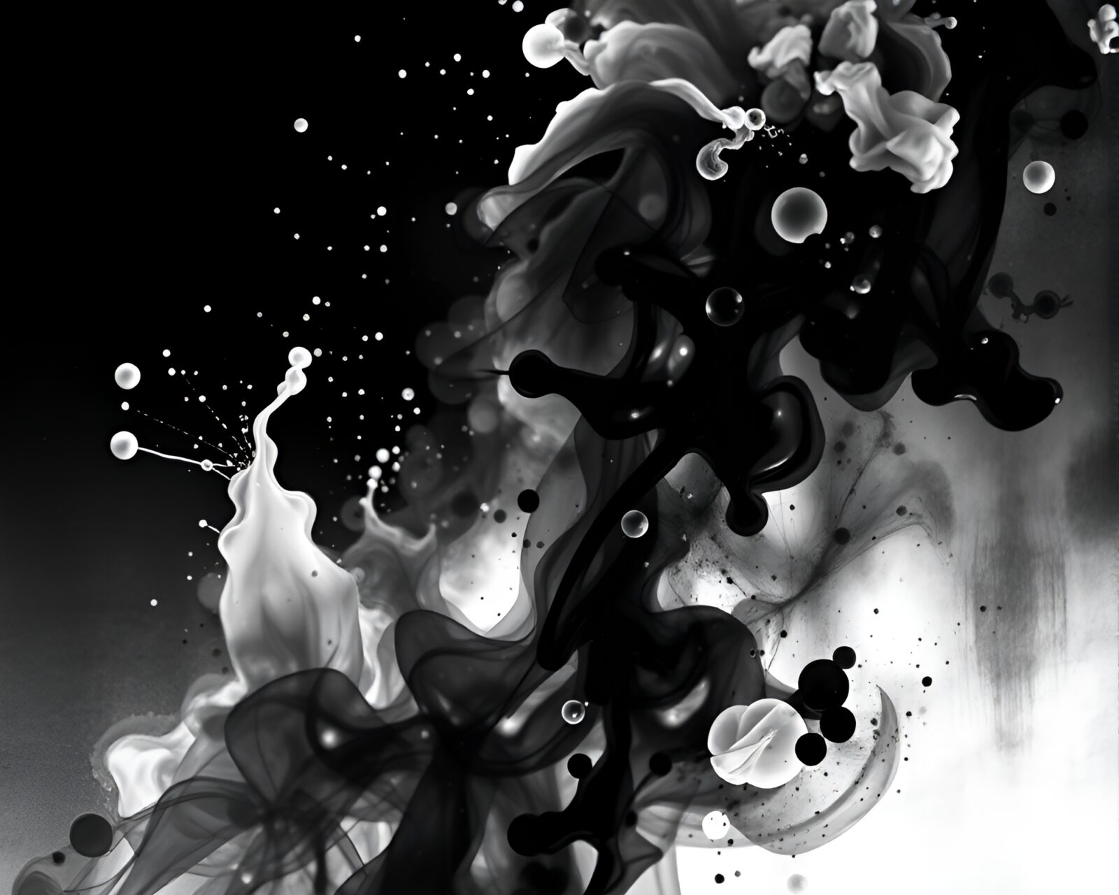 Abstract ink splashes in neon monochrome digital glitch