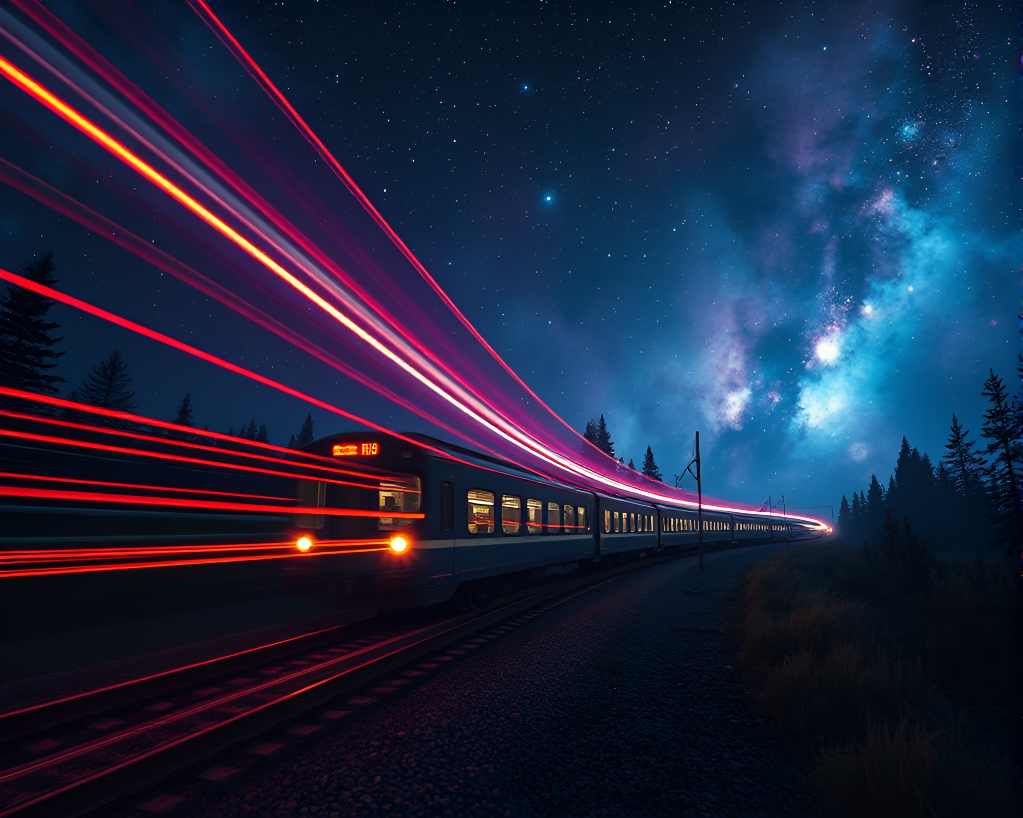 Cosmic Werewolf Train Light Trails Composition – free AI stock image