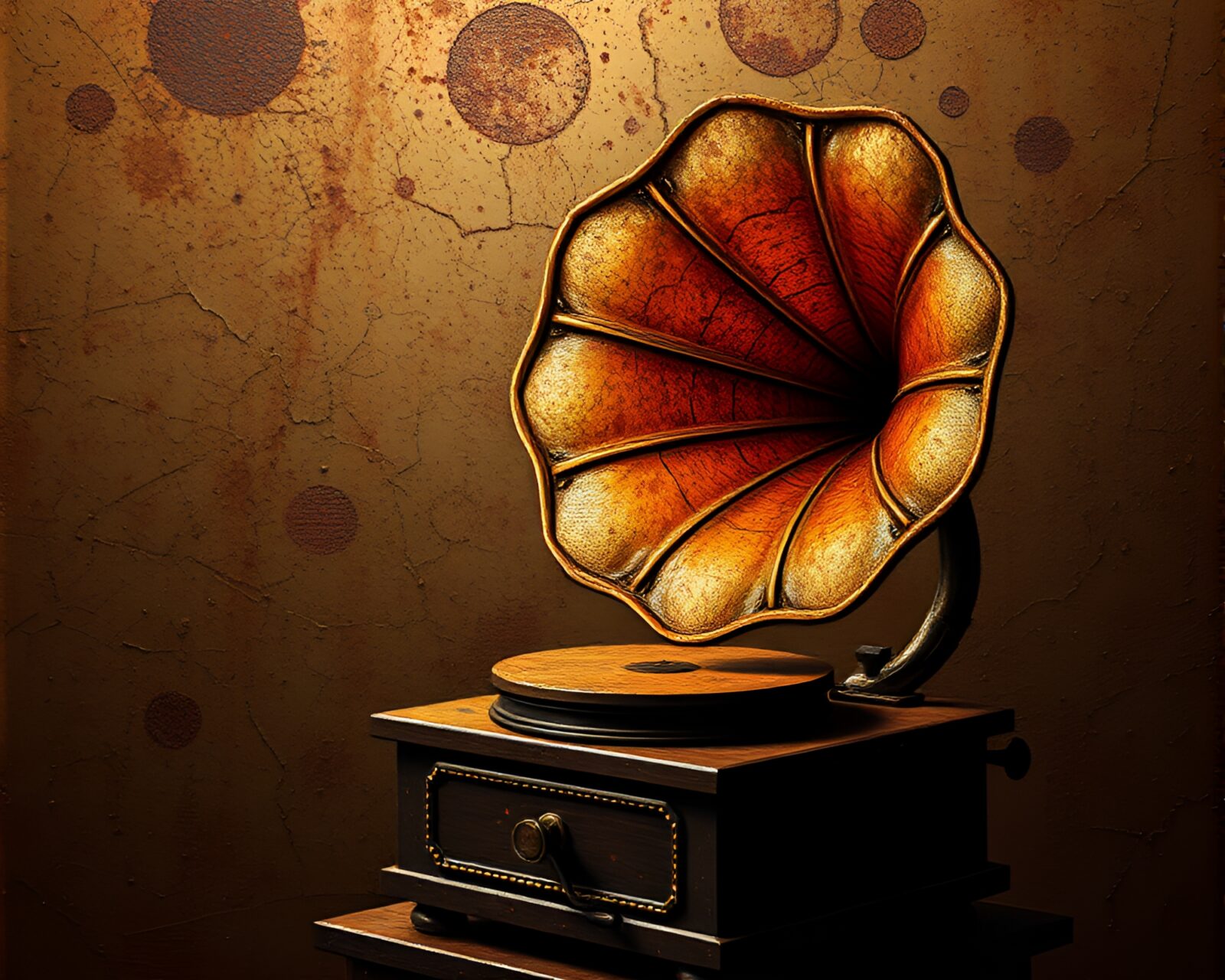 Rust flake texture on intricately designed gramophone under torchlight