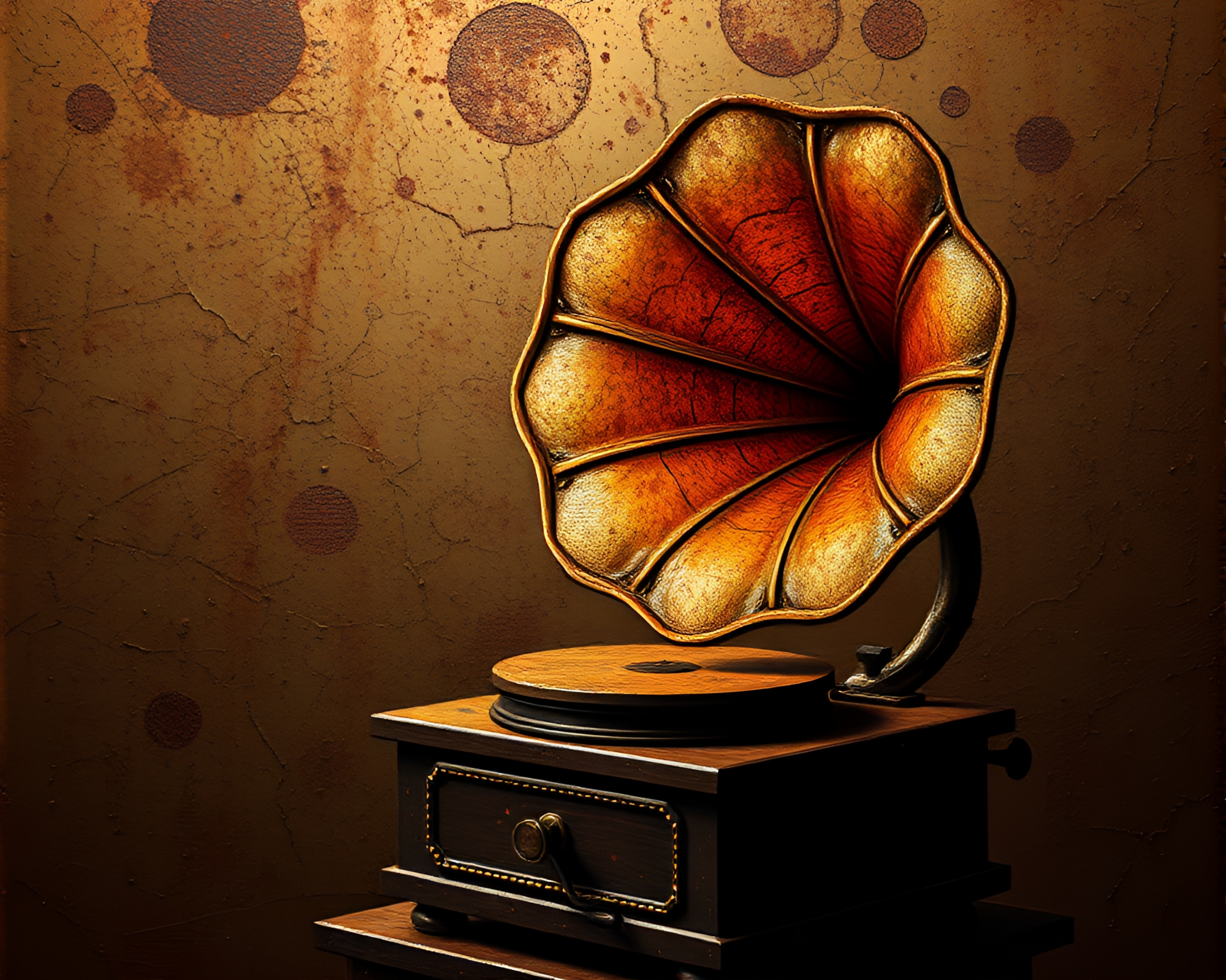 Steampunk Gramophone in Torchlight Glow – free AI stock image