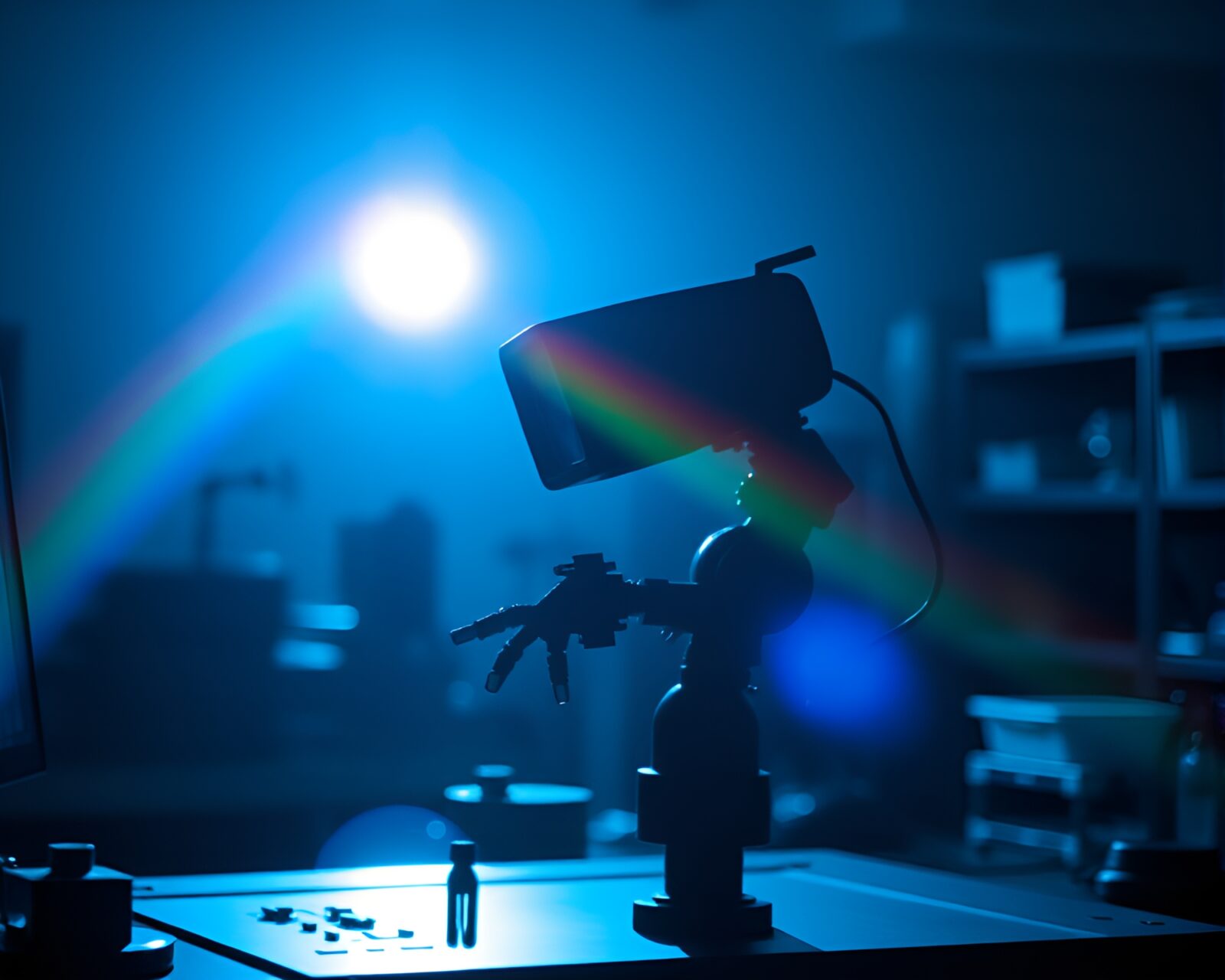 Silhouette of robot surrounded by colorful light rays