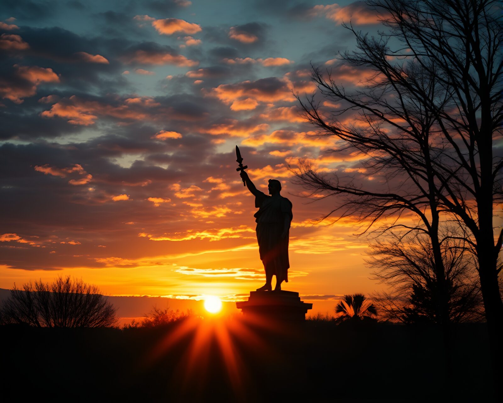 Statue in the foreground with pink and orange sunset behind