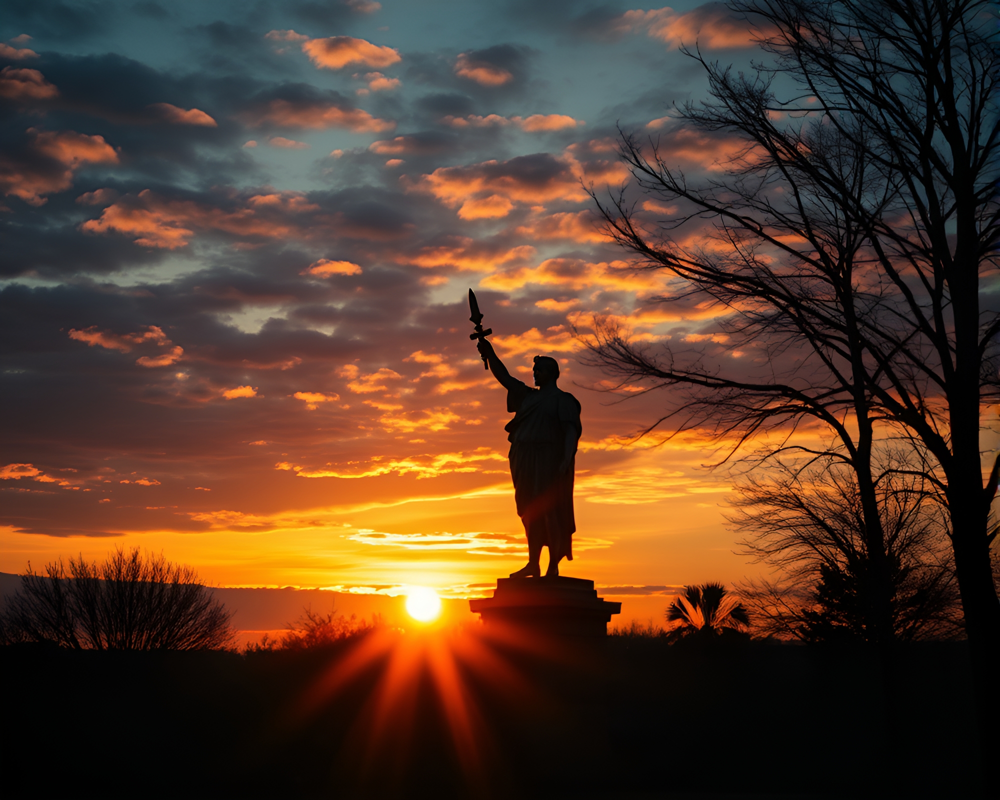 Majestic Statue Silhouetted Against Sunset Glow – free AI stock image
