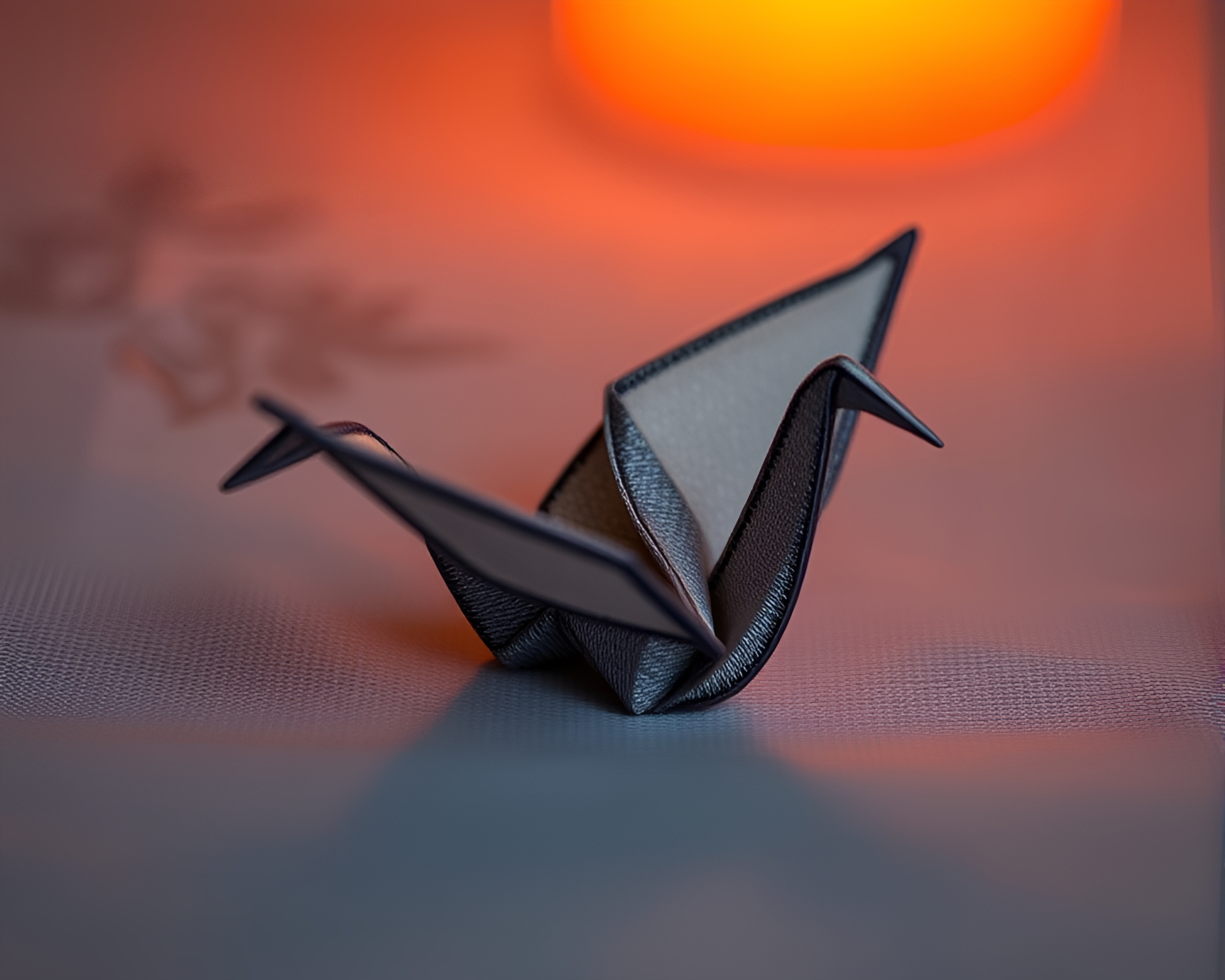 Embroidered Origami Crane in Volcanic Twilight Candlelight – free AI stock image