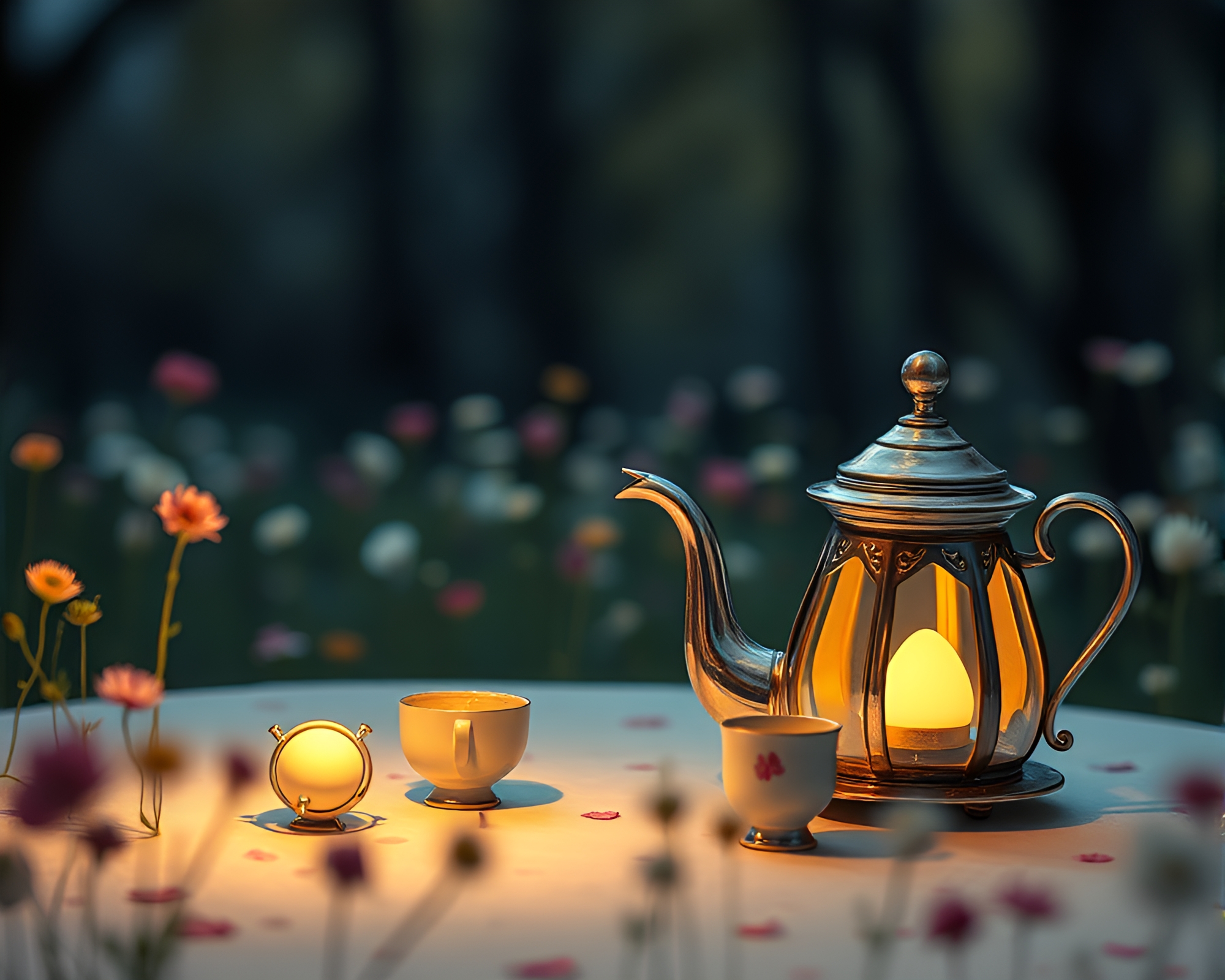 Whimsical Tea Party with Lantern Light and Egg Tempera Style – free AI stock image