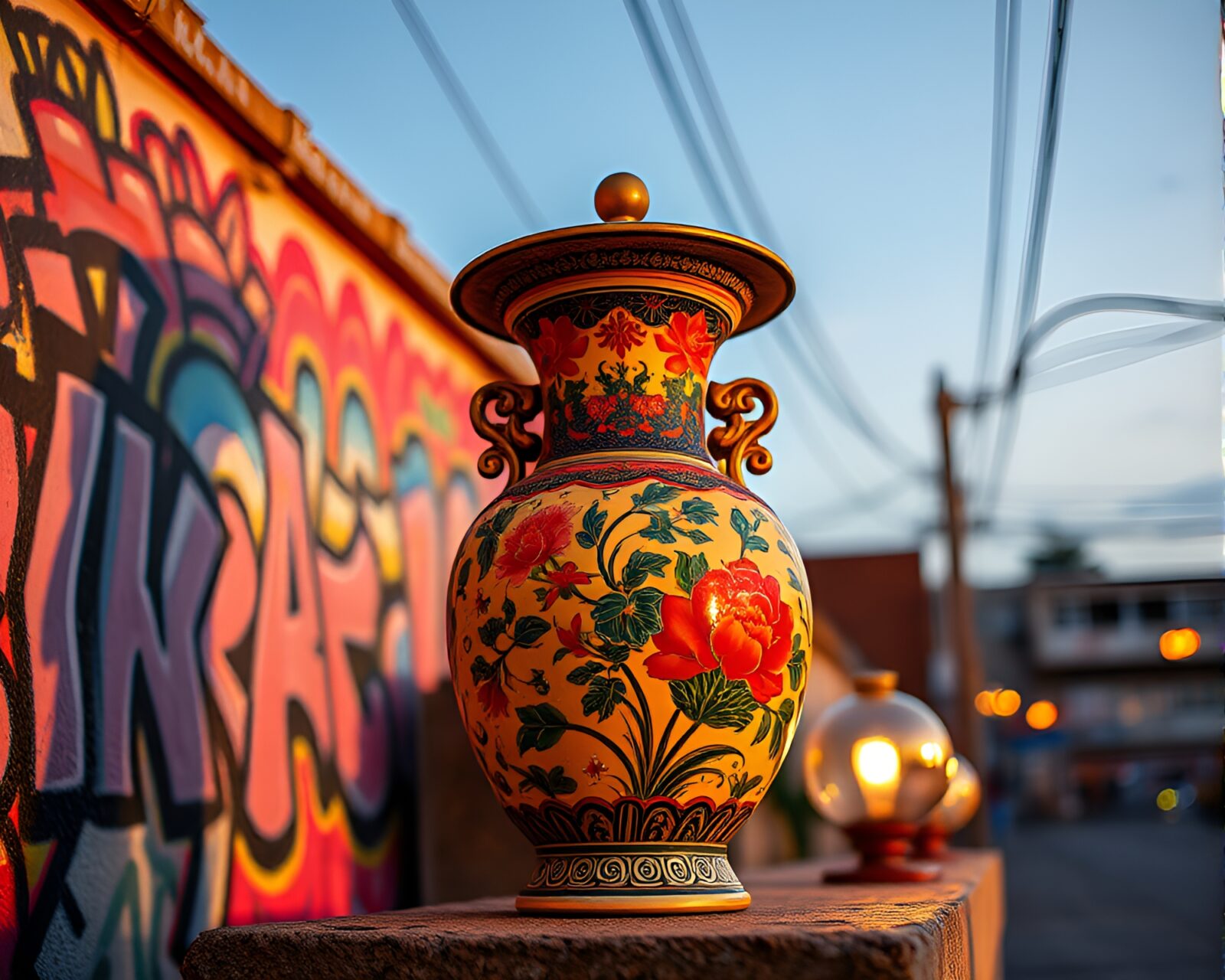 Vibrant graffiti colors on detailed cloisonné vase in golden light