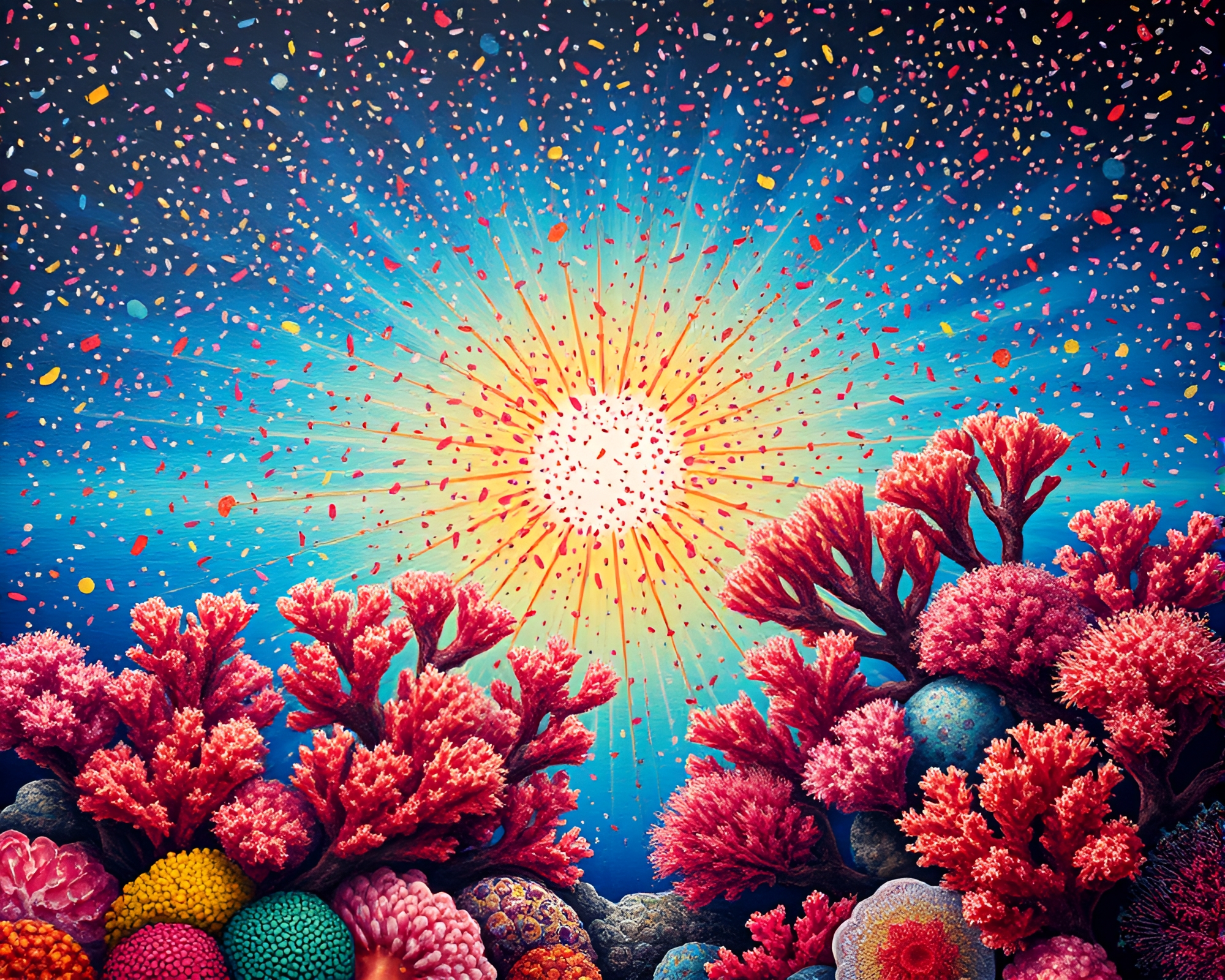 Coral Atoll Confetti Burst Mural – free AI stock image