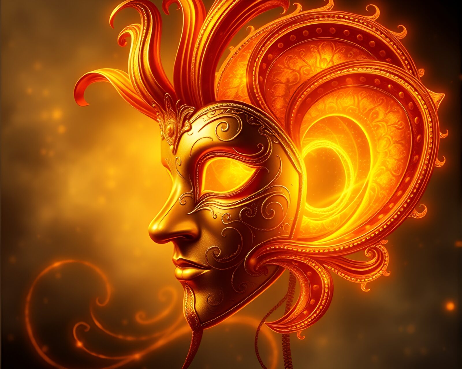 Intricate golden Venetian mask within glowing spiral composition
