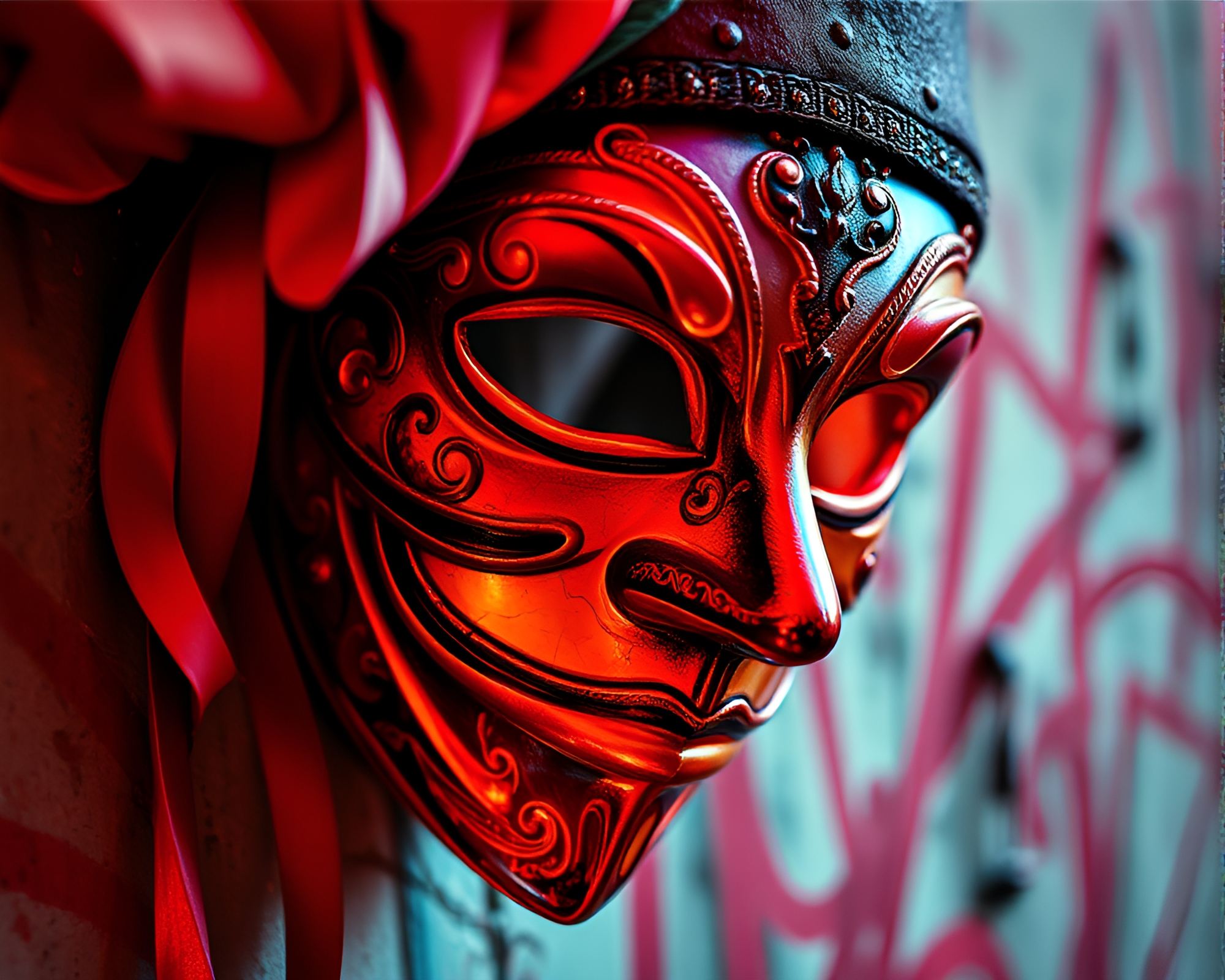 Ethereal Venetian Mask Dance with Tri-Tone Graffiti Vibe – free AI stock image