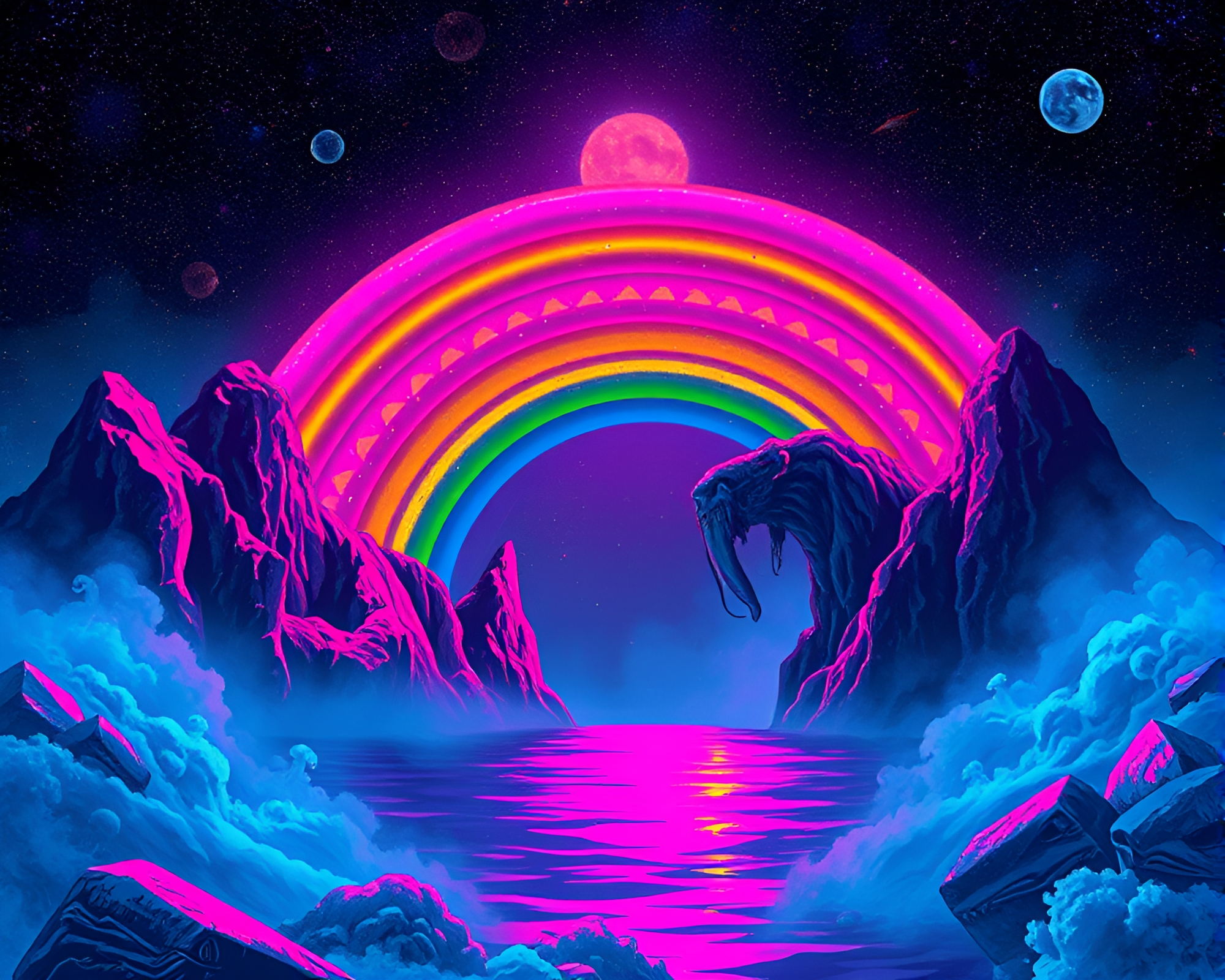 Neon tentacles embrace iridescent void in lovecraftian urban landscape – free AI stock image
