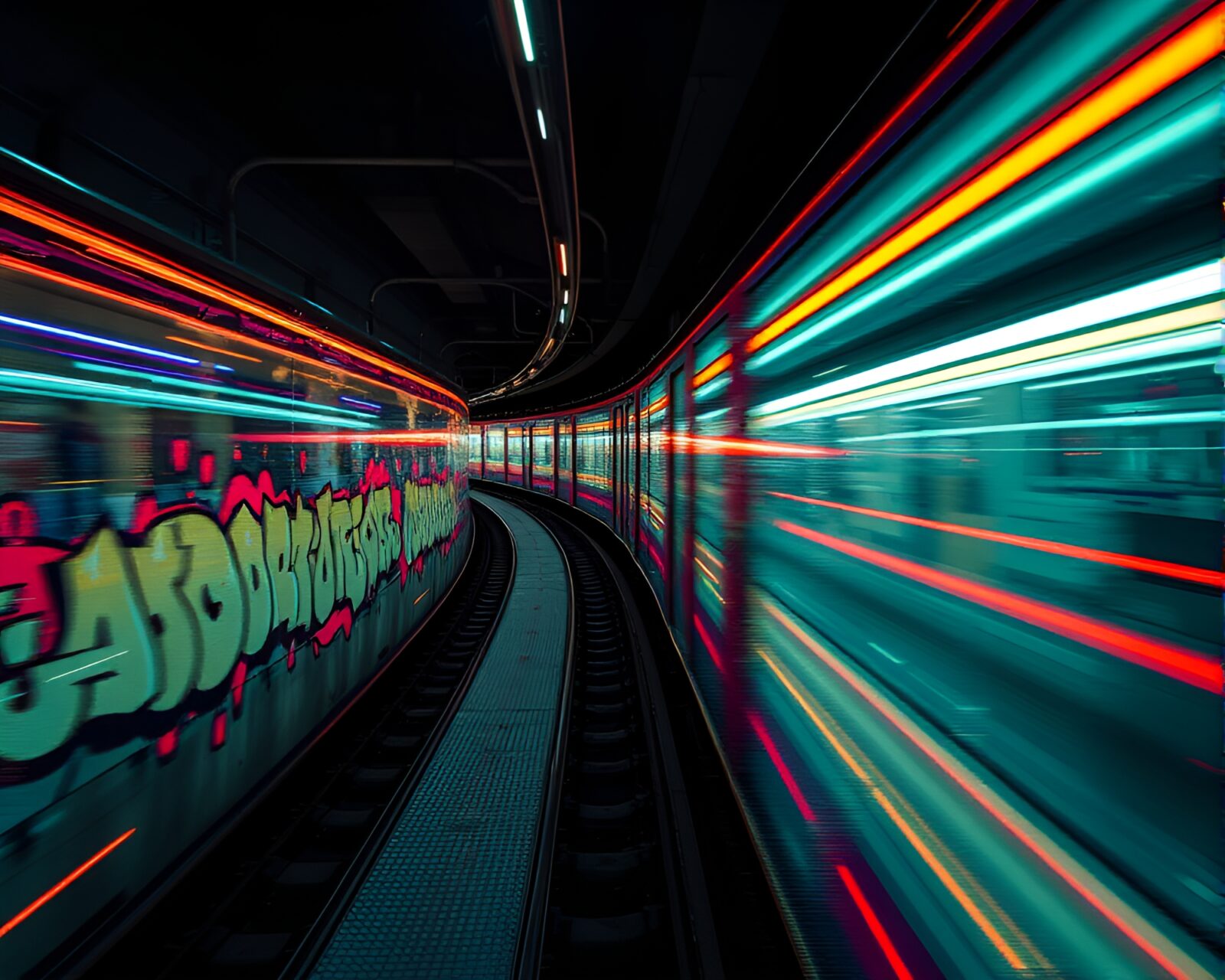 Vivid graffiti colors form architectural train tessellation with light trails