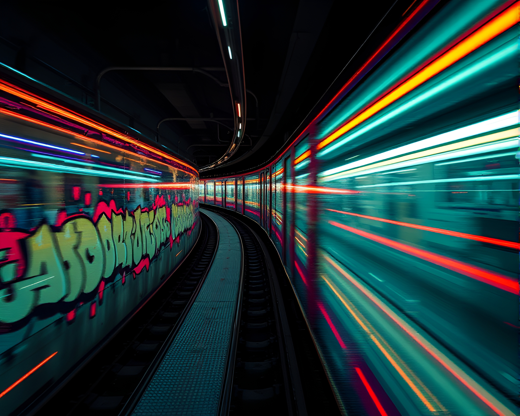 Urban Train Tessellation with Glitch Graffiti Lights – free AI stock image
