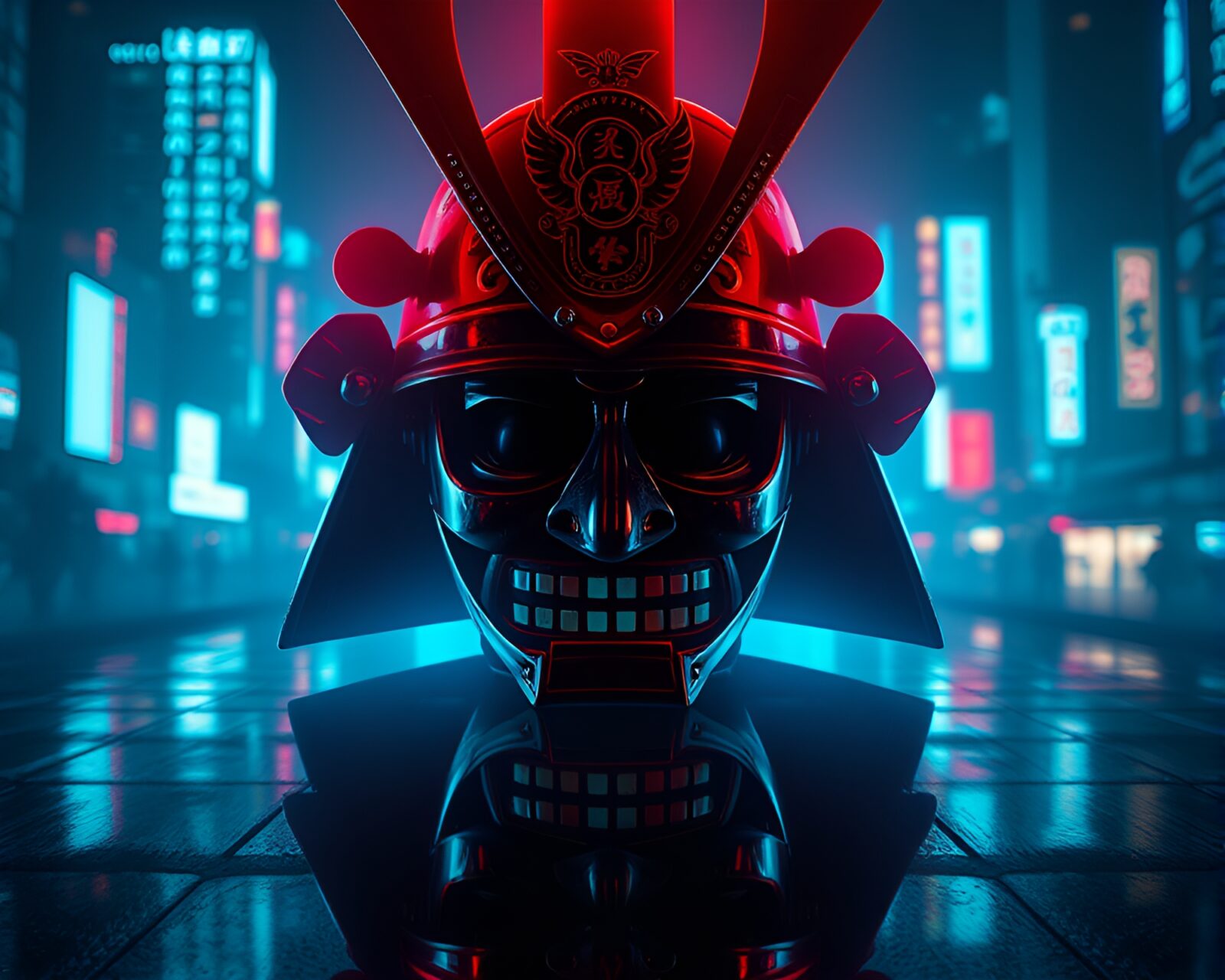 Fantastical Samurai helmet reflecting in neon city lights.