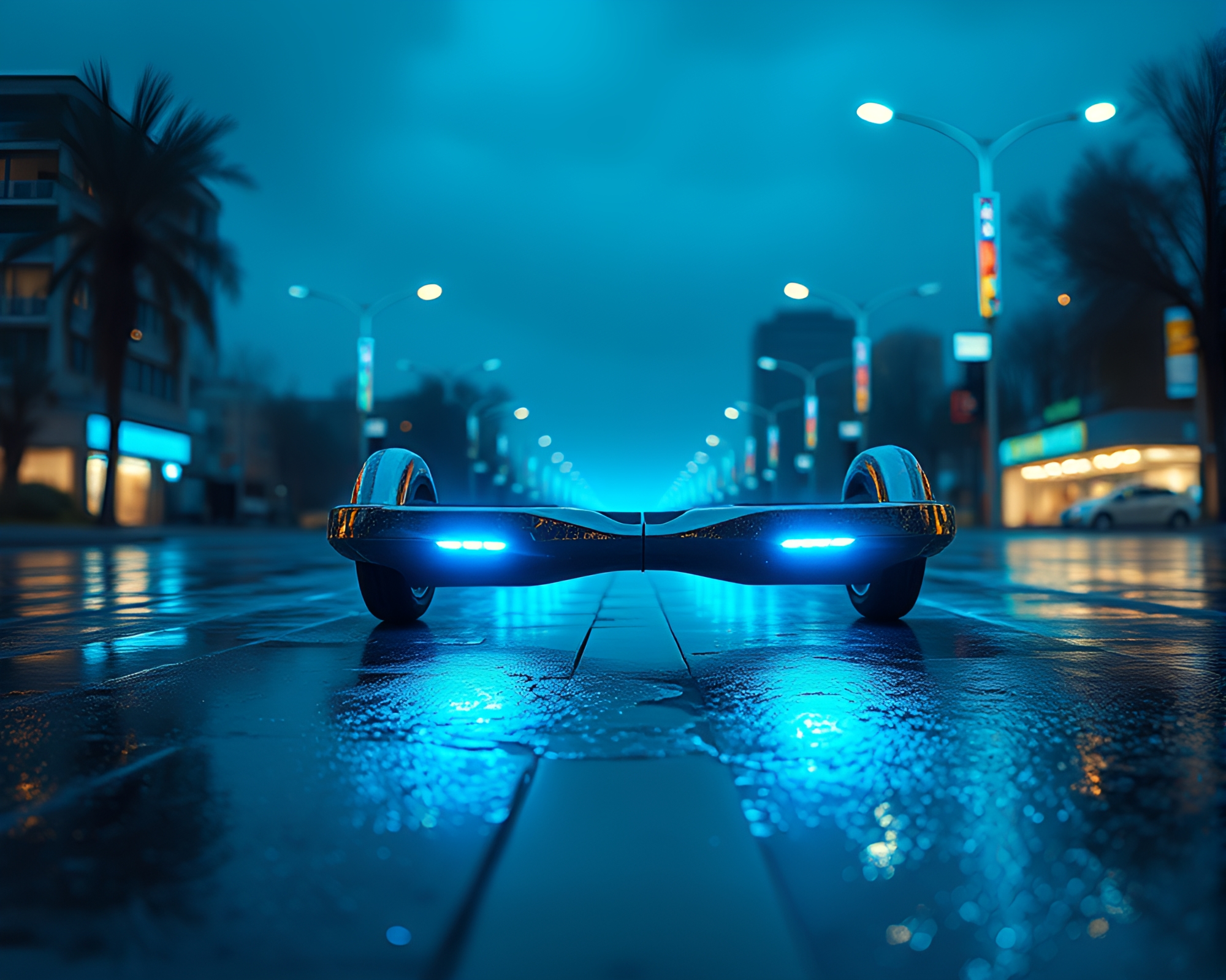 Neon Hoverboard Gliding on Rainy Pavement – free AI stock image