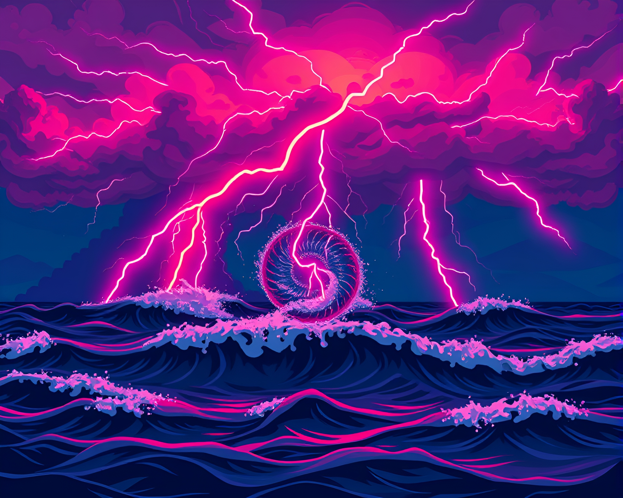 Neon Thunderstorm Fibonacci Spiral over Ocean – free AI stock image