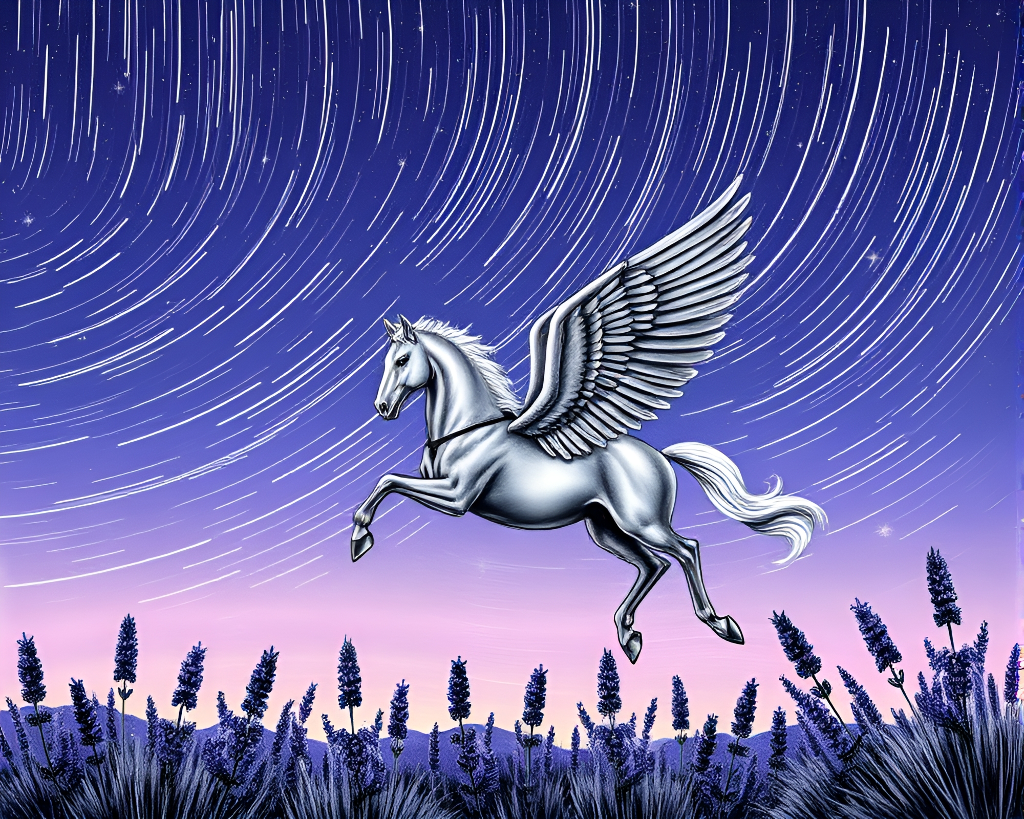 Pegasus Star Trail Engraving in Lavender Twilight – free AI stock image