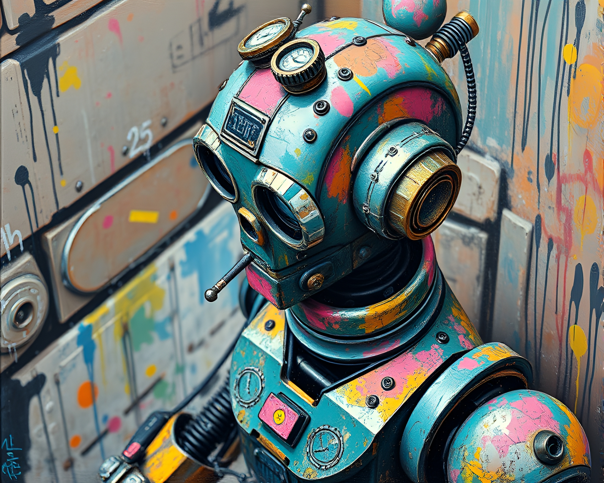 Steampunk Robot in Pastel Graffiti Cityscape – free AI stock image