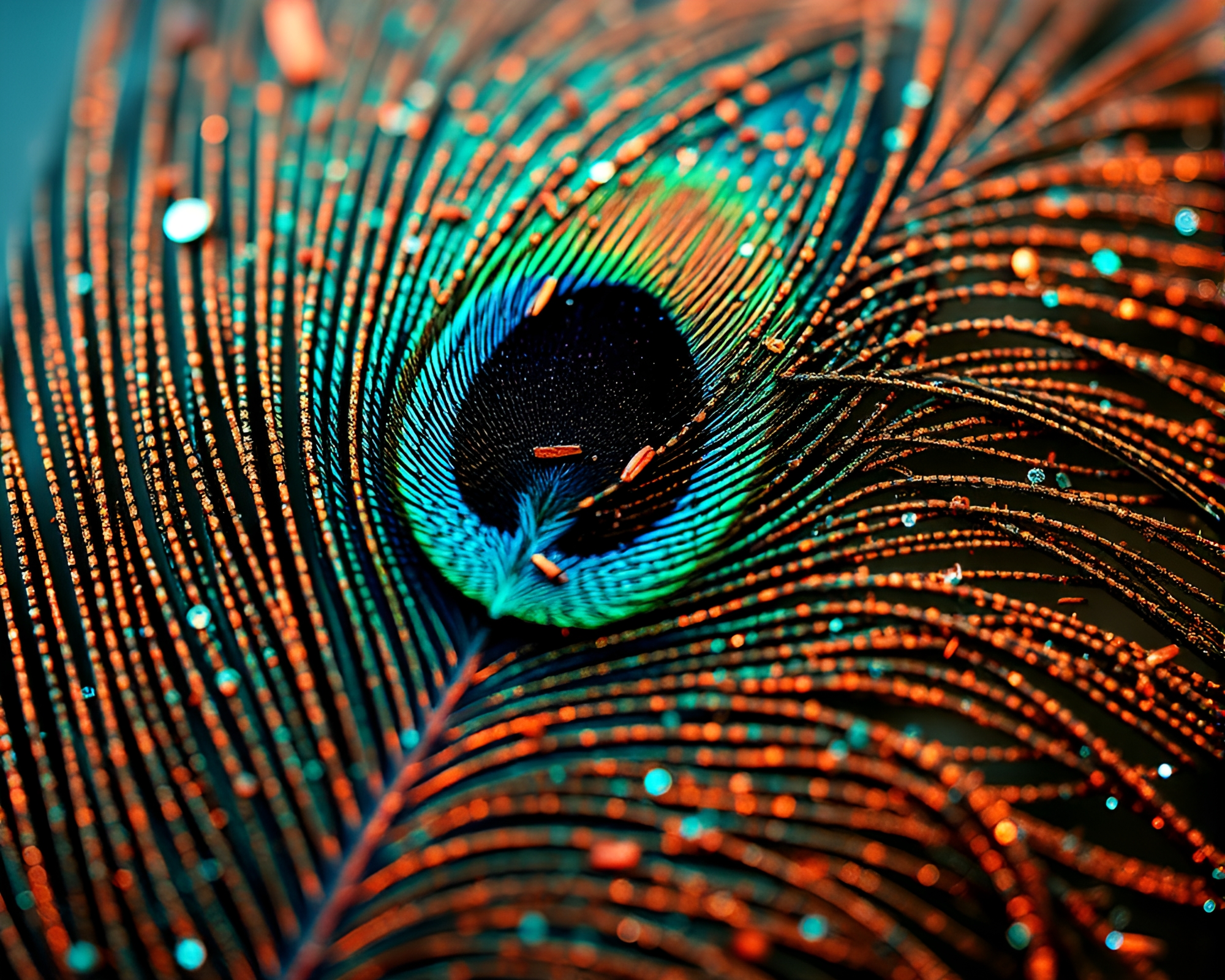 Copper Verdigris Peacock Feather Pixel Art Fantasy – free AI stock image