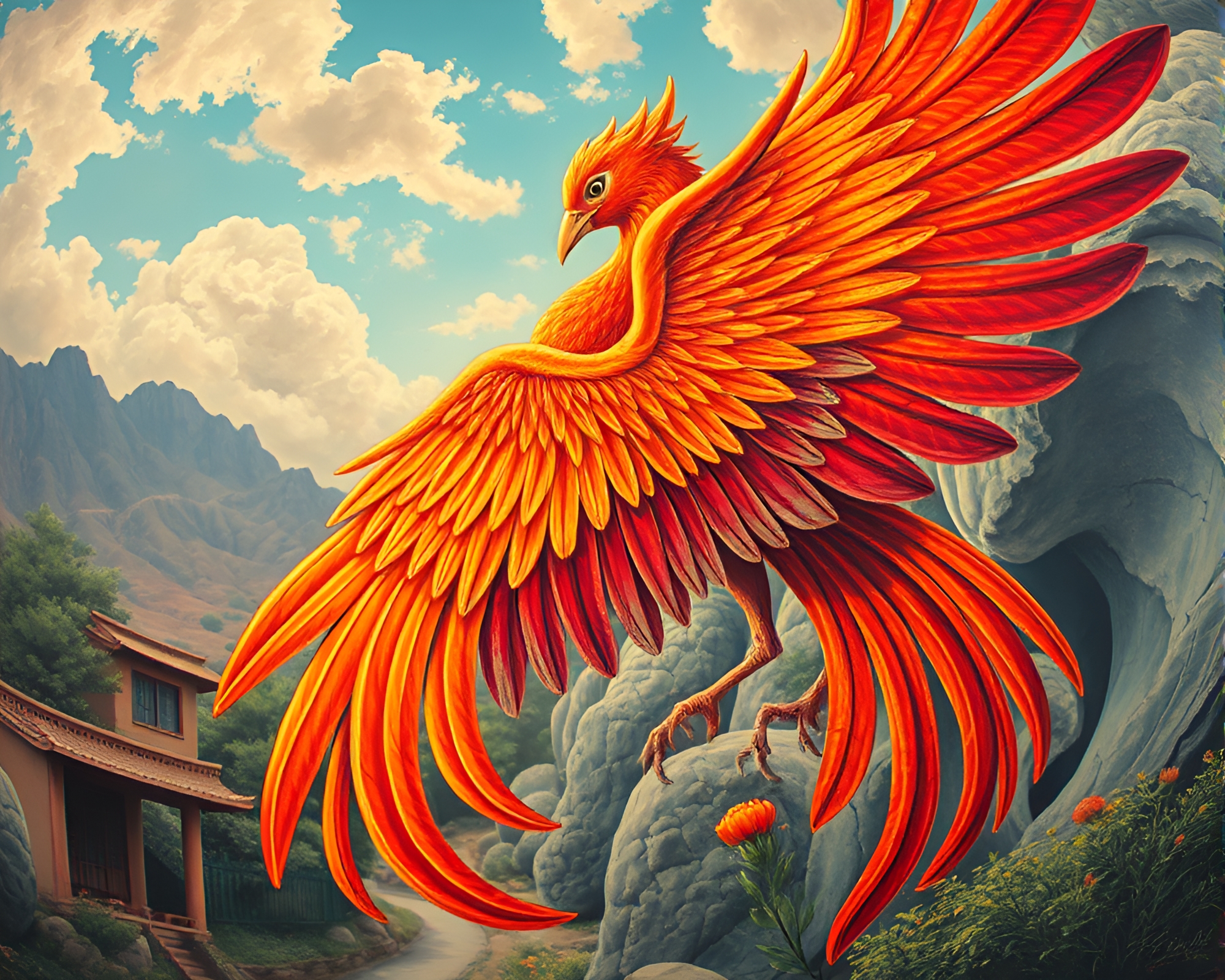 Phoenix Rising: Vibrant Fresco Composition – free AI stock image